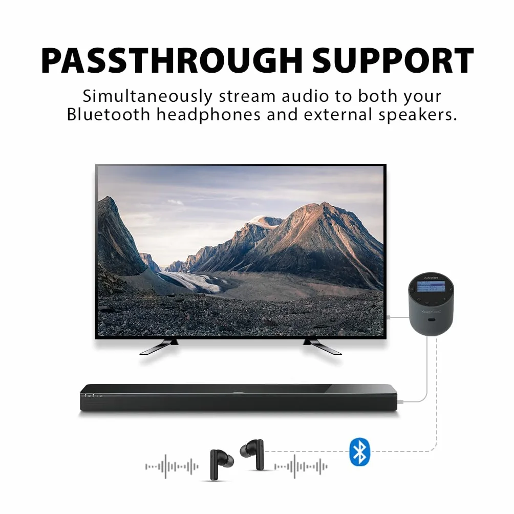 Avantree Orbit Pro — nadajnik Bluetooth do telewizora z wyjściem audio optycznym lub AUX (w tym Smart TV), dźwięk przestrzenny, łatwa regulacja głośności dla Airpods i innych słuchawek