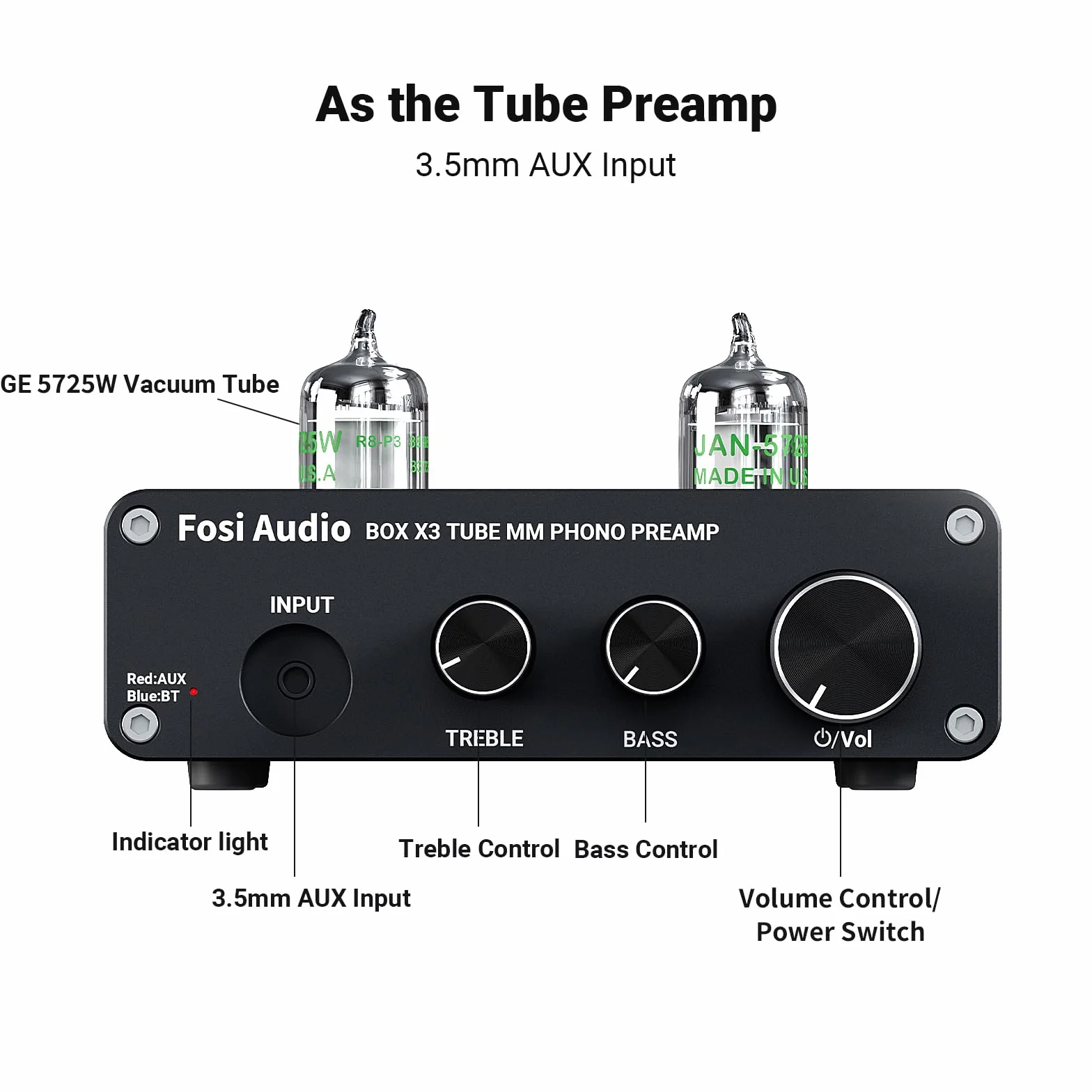 Fosi Audio BOX X3 5725W Lampowy Przedwzmacniacz Gramofonowy Przedwzmacniacz Gramofonowy do Gramofonu MM Bluetooth 5.0 Mini Stereo Hi-Fi Przedwzmacniacz do Domowego Odtwarzacza Audio Nagłośnienie