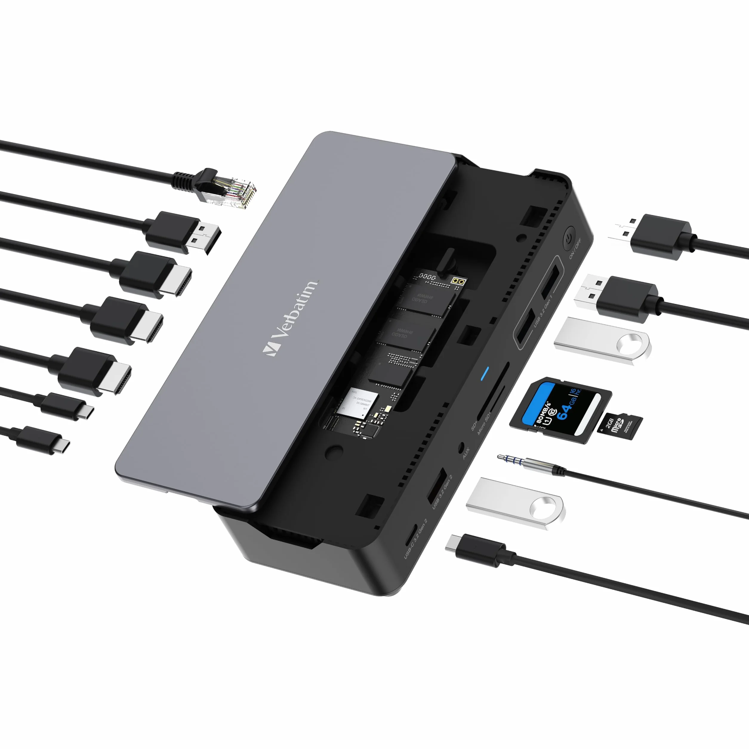 Verbatim Stacja dokująca USB-C Pro, koncentrator 15 w 1 z gniazdem SSD, adapter multiport do HDMI 4K i 8K, USB-A i USB-C, PD 80 W, AUX, czytnik kart, do laptopów Mac/Windows i innych
