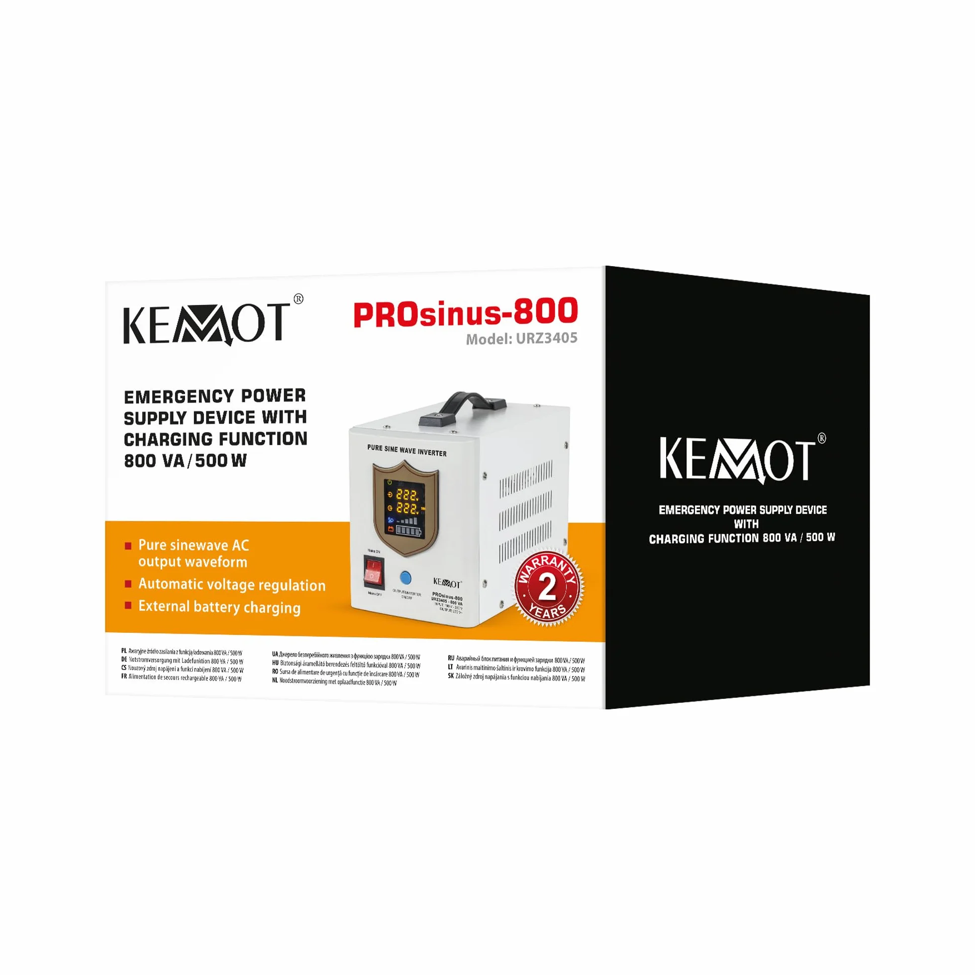 Kemot Zasilacz Awaryjny PROsinus-800 Przetwornica z Czystym Przebiegiem Sinusoidalnym i Funkcją Ładowania 12V 230V 800VA/500W URZ3405 Biały