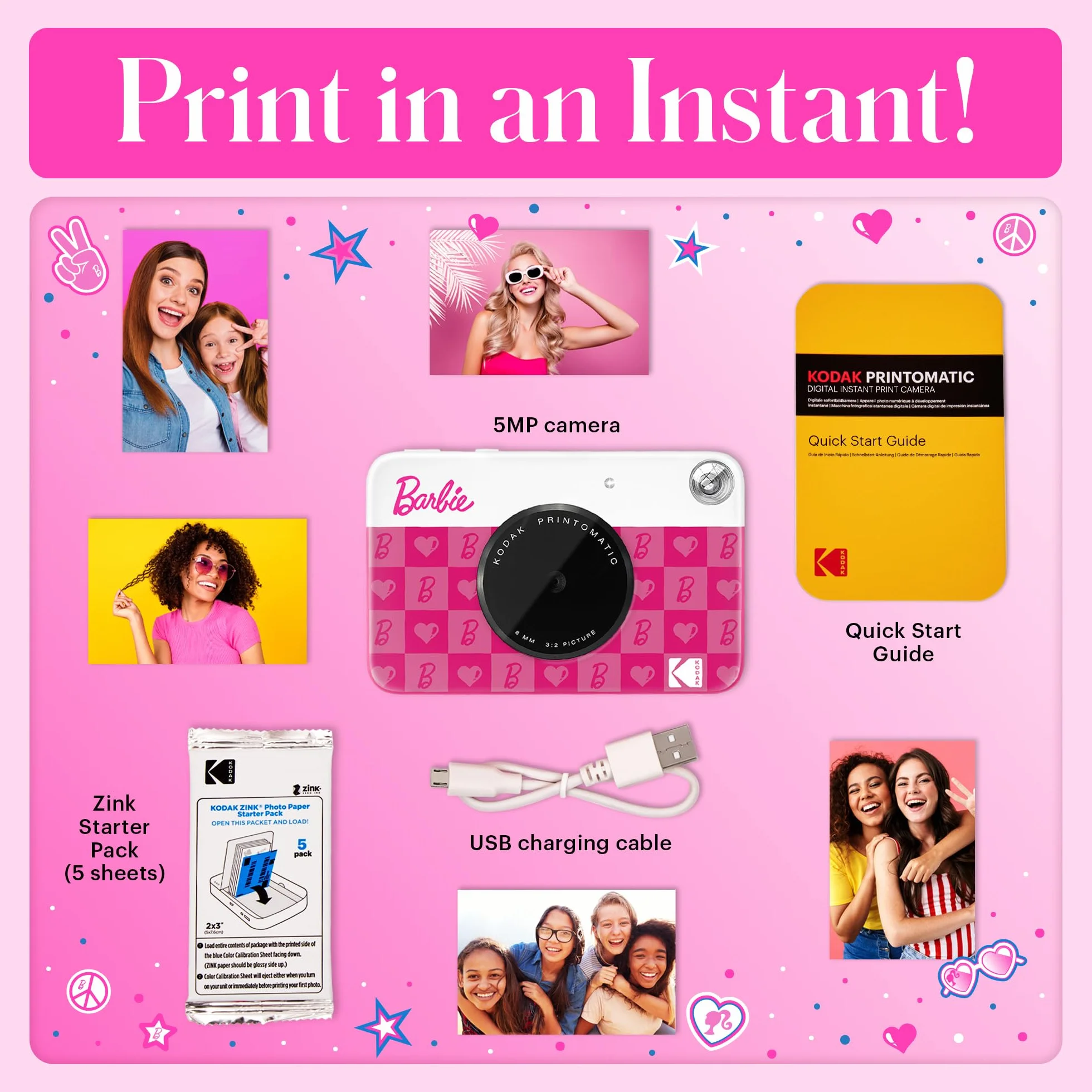 Barbie x Kodak Printomatic Cyfrowy Aparat Fotograficzny – 5MP Przenośny Aparat Barbie Drukuje Kolorowe Zdjęcia 2x3” z Klejem – Styl Ikoniczny, Iconic Style, Camera