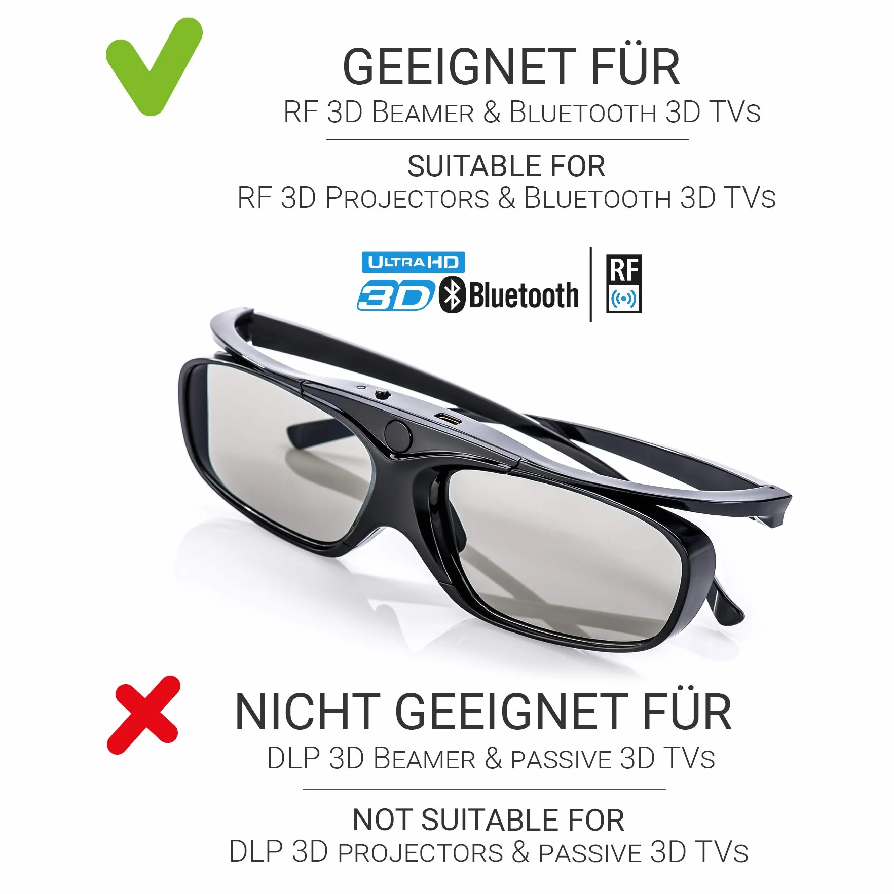 Hi-Shock RF Pro Black Heaven | Okulary 3D do projektorów EPSON, JVC i Sony RF, kompatybilne z ELPGS03, EB-W16, EH-TW550, EH-TW570, EH-TW5910, 120 Hz, FHD3DRF, ładowalne