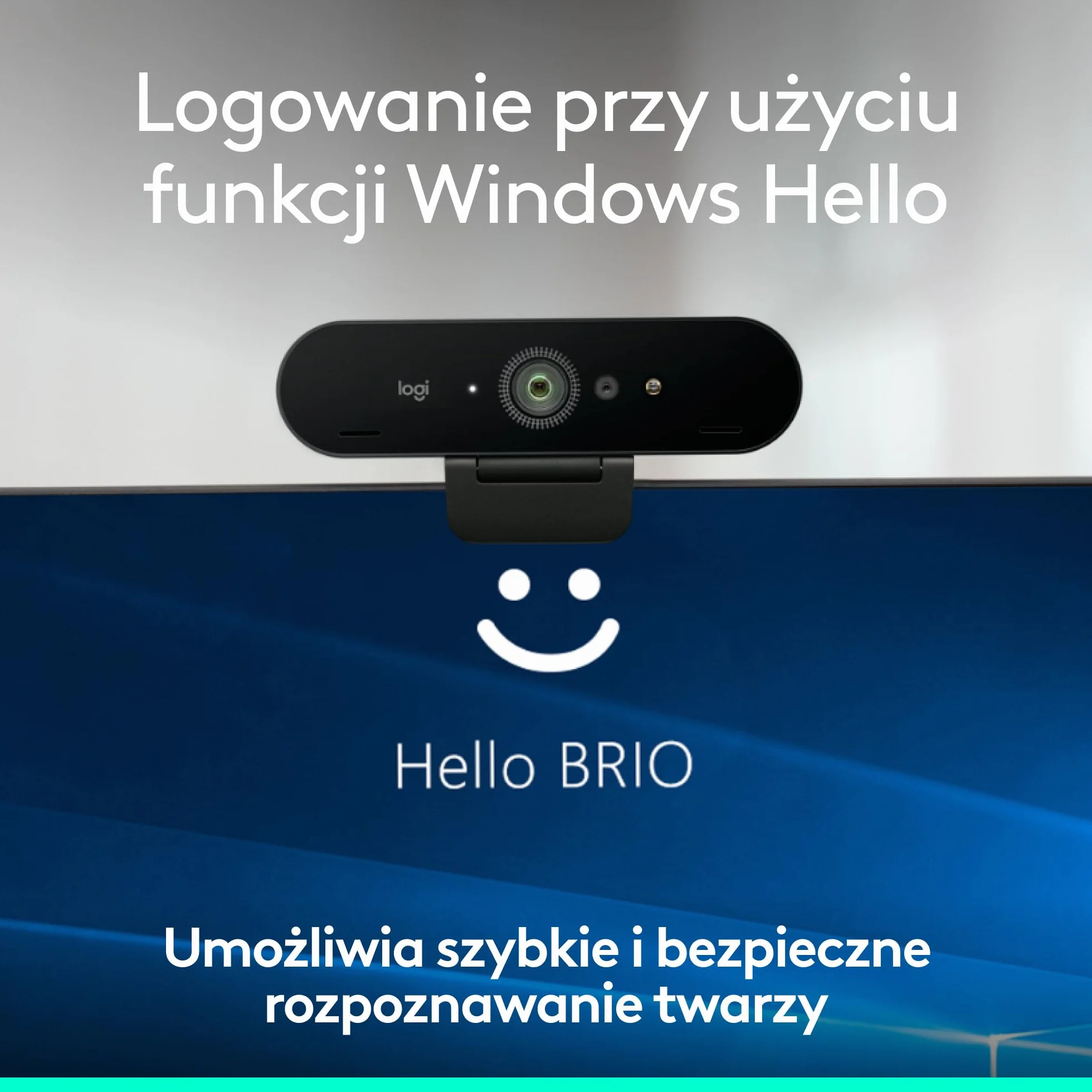 Logitech Brio 4K, logowanie biometryczne za pomocą Windows Hello, automatyczna korekcja natężenia światła, redukcja szumów, zgodność z Microsoft Teams, Zoom, Google Meet, komputerem PC/Mac