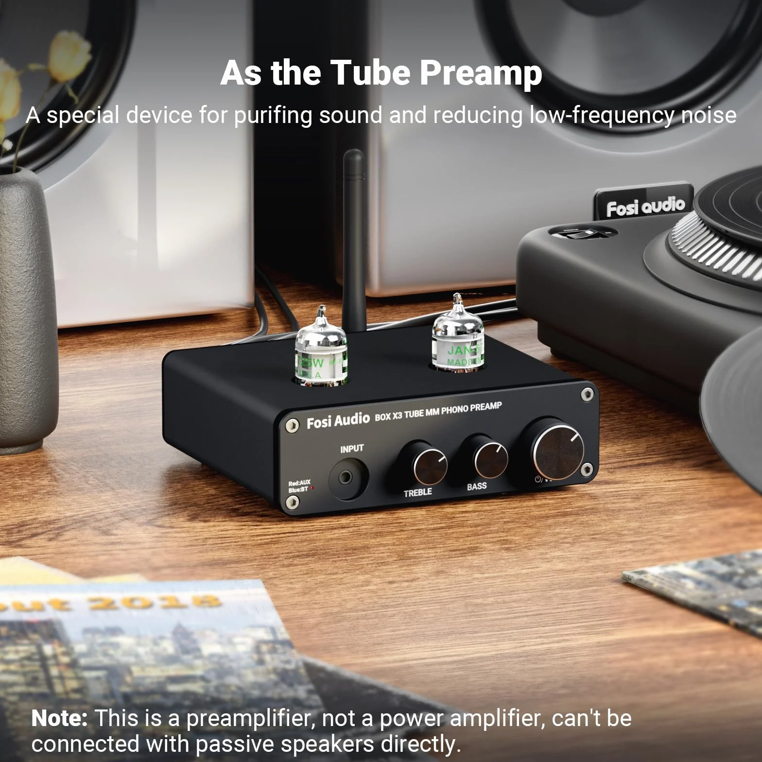 Fosi Audio BOX X3 5725W Lampowy Przedwzmacniacz Gramofonowy Przedwzmacniacz Gramofonowy do Gramofonu MM Bluetooth 5.0 Mini Stereo Hi-Fi Przedwzmacniacz do Domowego Odtwarzacza Audio Nagłośnienie