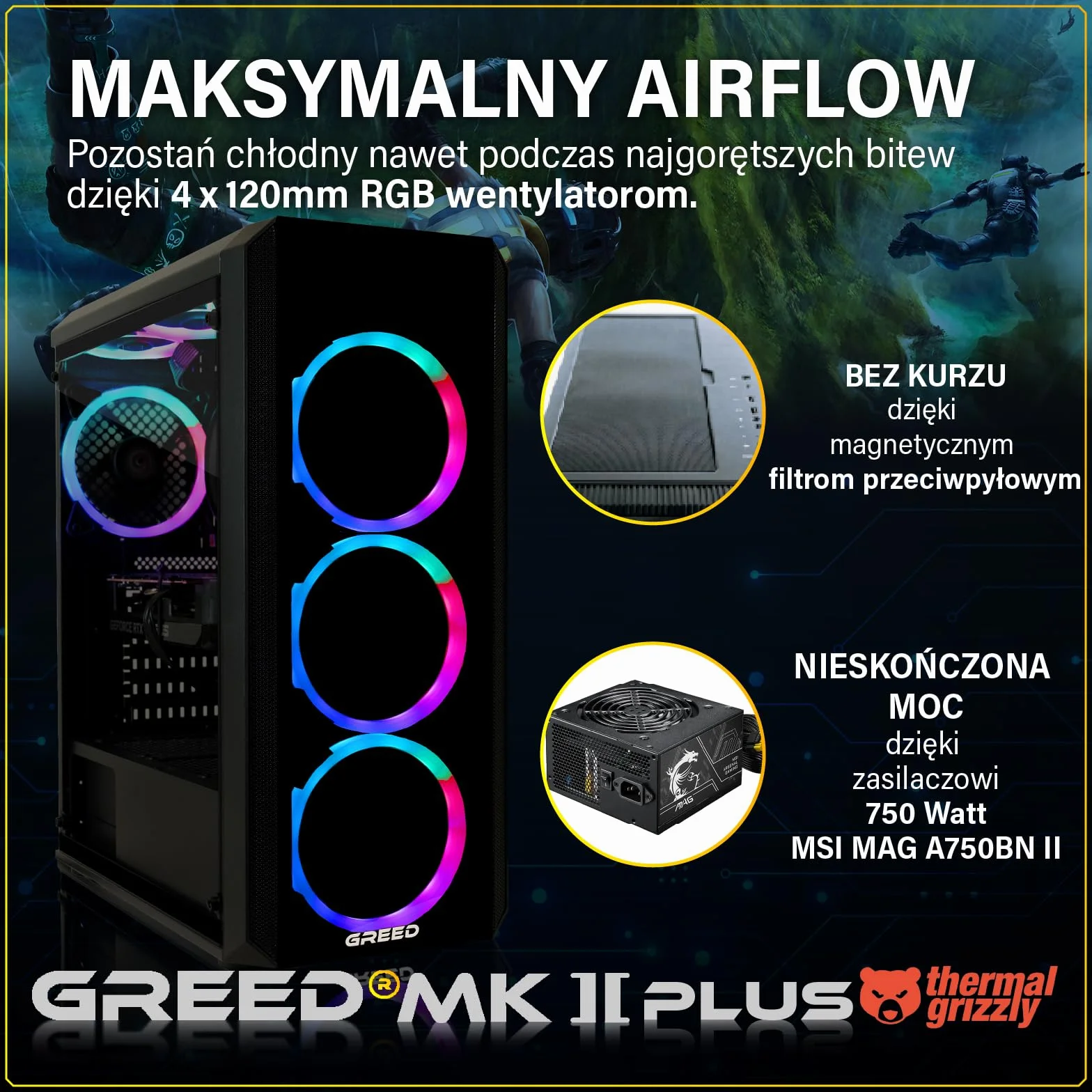 Greed MK2 Plus - PC Gaming - AMD Ryzen 7 5700X + RX 9060 XT 8 GB, szybki komputer do gier z 4K & Raytracing - 4,6 GHZ, 32 GB DDR4 RAM - 1 TB SSD + zasilacz 750 W - Wi-Fi + W11 Pro