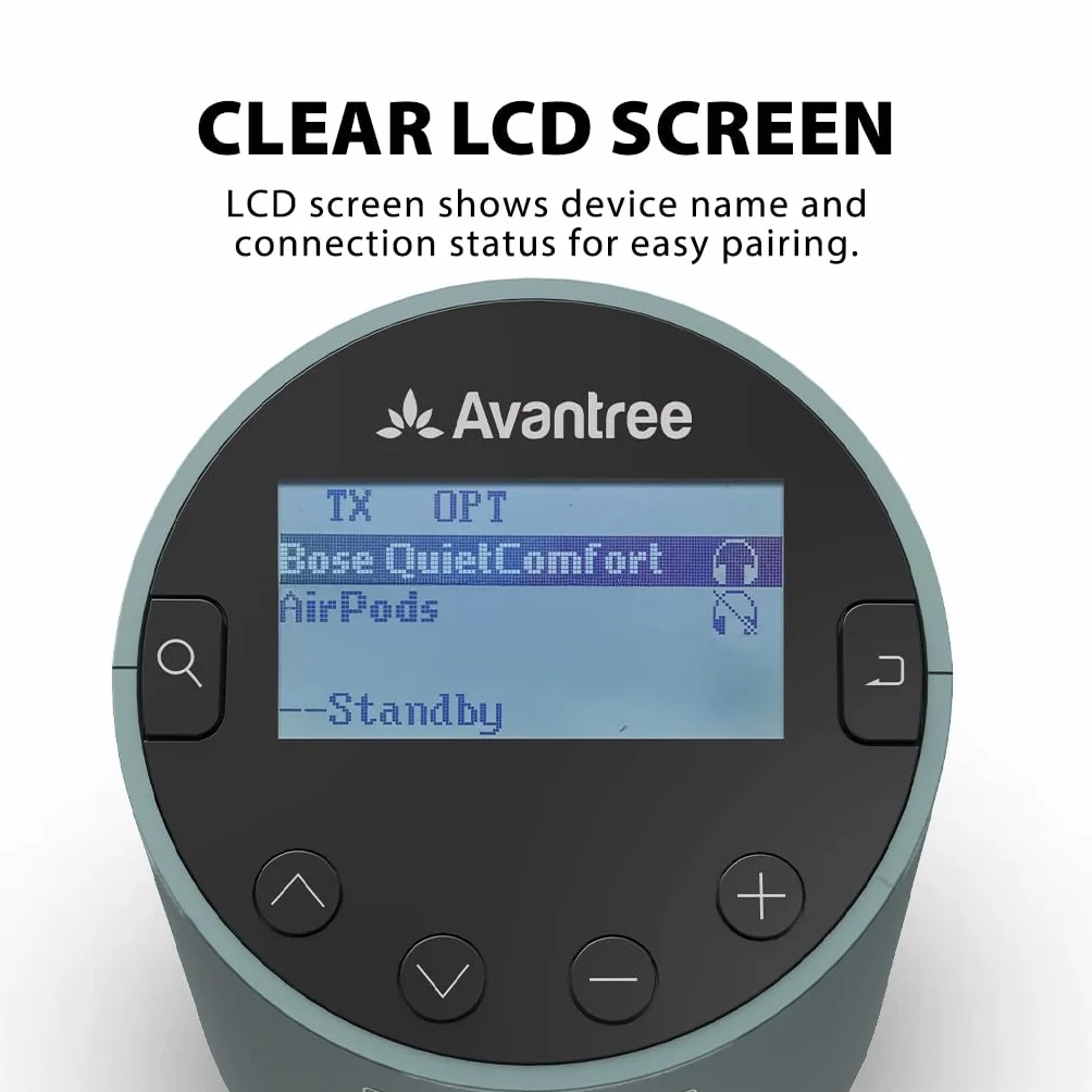 Avantree Orbit Pro — nadajnik Bluetooth do telewizora z wyjściem audio optycznym lub AUX (w tym Smart TV), dźwięk przestrzenny, łatwa regulacja głośności dla Airpods i innych słuchawek