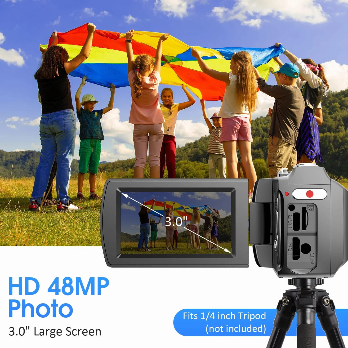 Cyfrowa kamera wideo 4K, fotografia 48 MP / 4K 60 kl./s, kamera wideo dla początkujących do vlogowania YouTube, z 2 bateriami/zewnętrznym mikrofonem/kartą SD/pilotem