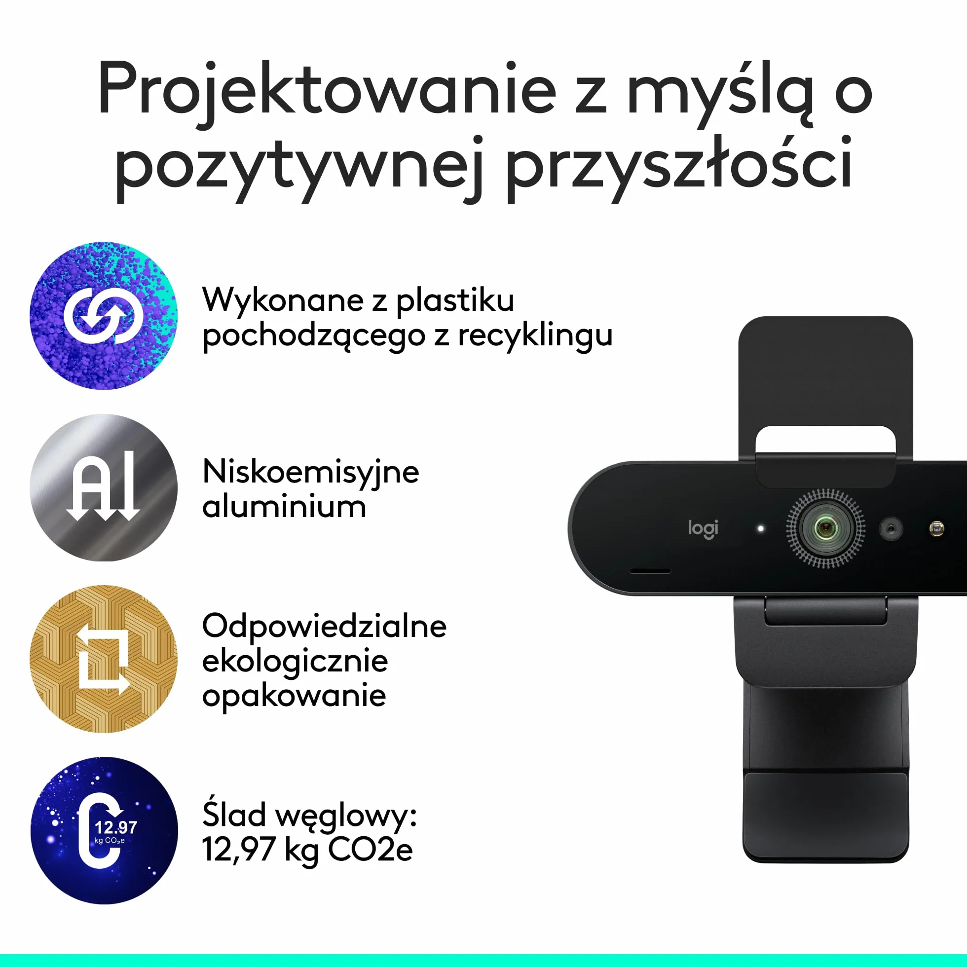 Logitech Brio 4K, logowanie biometryczne za pomocą Windows Hello, automatyczna korekcja natężenia światła, redukcja szumów, zgodność z Microsoft Teams, Zoom, Google Meet, komputerem PC/Mac