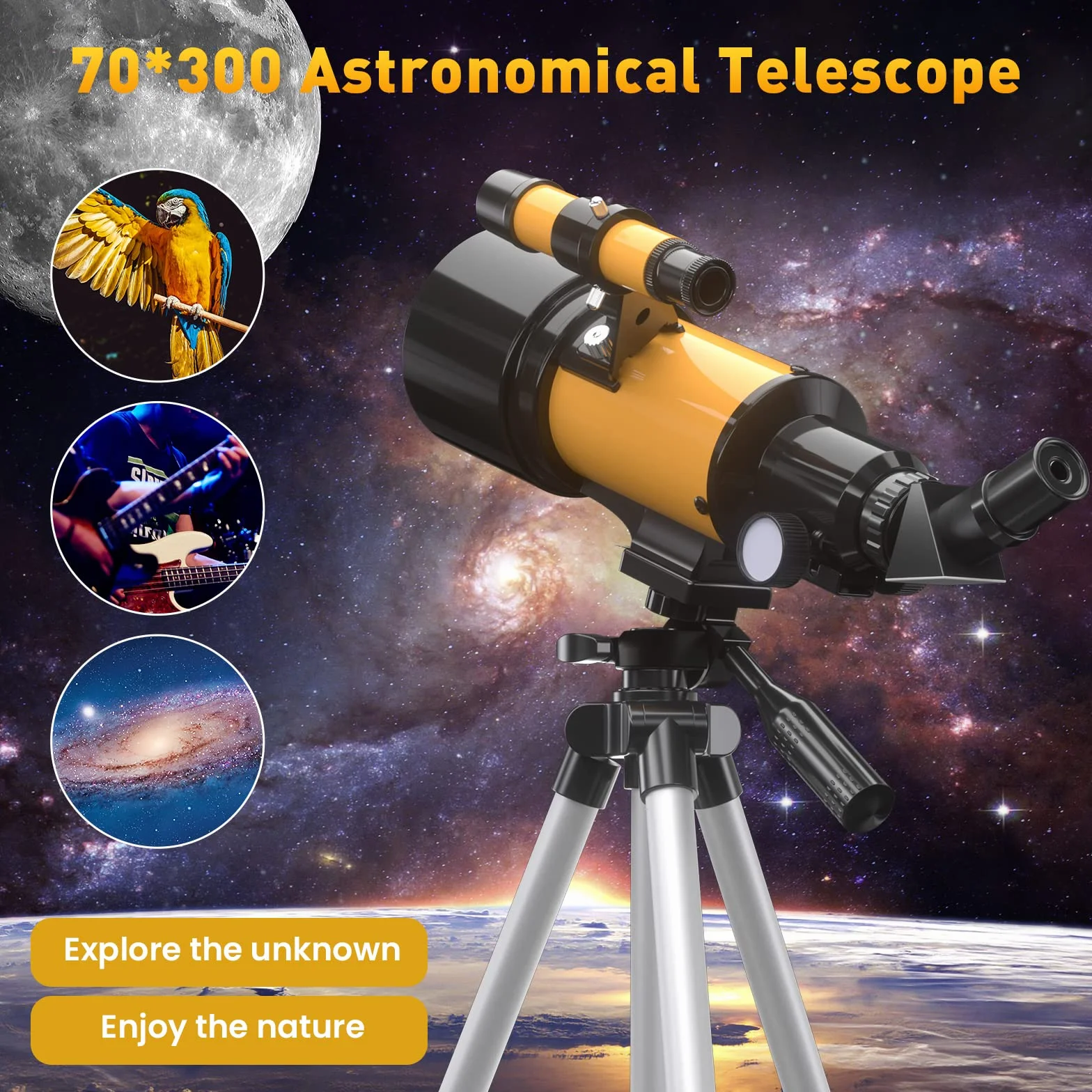 Teleskop astronomiczny, teleskop dla dorosłych, 70/300 mm, osłona refraktora, teleskop dla dzieci i początkujących, z adapterem do telefonu i statywem do obserwacji planet i księżyca (15 x 150 x)