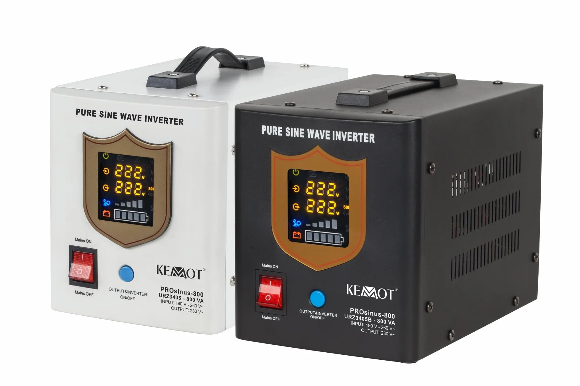 Kemot Zasilacz Awaryjny PROsinus-800 Przetwornica z Czystym Przebiegiem Sinusoidalnym i Funkcją Ładowania 12V 230V 800VA/500W URZ3405 Biały
