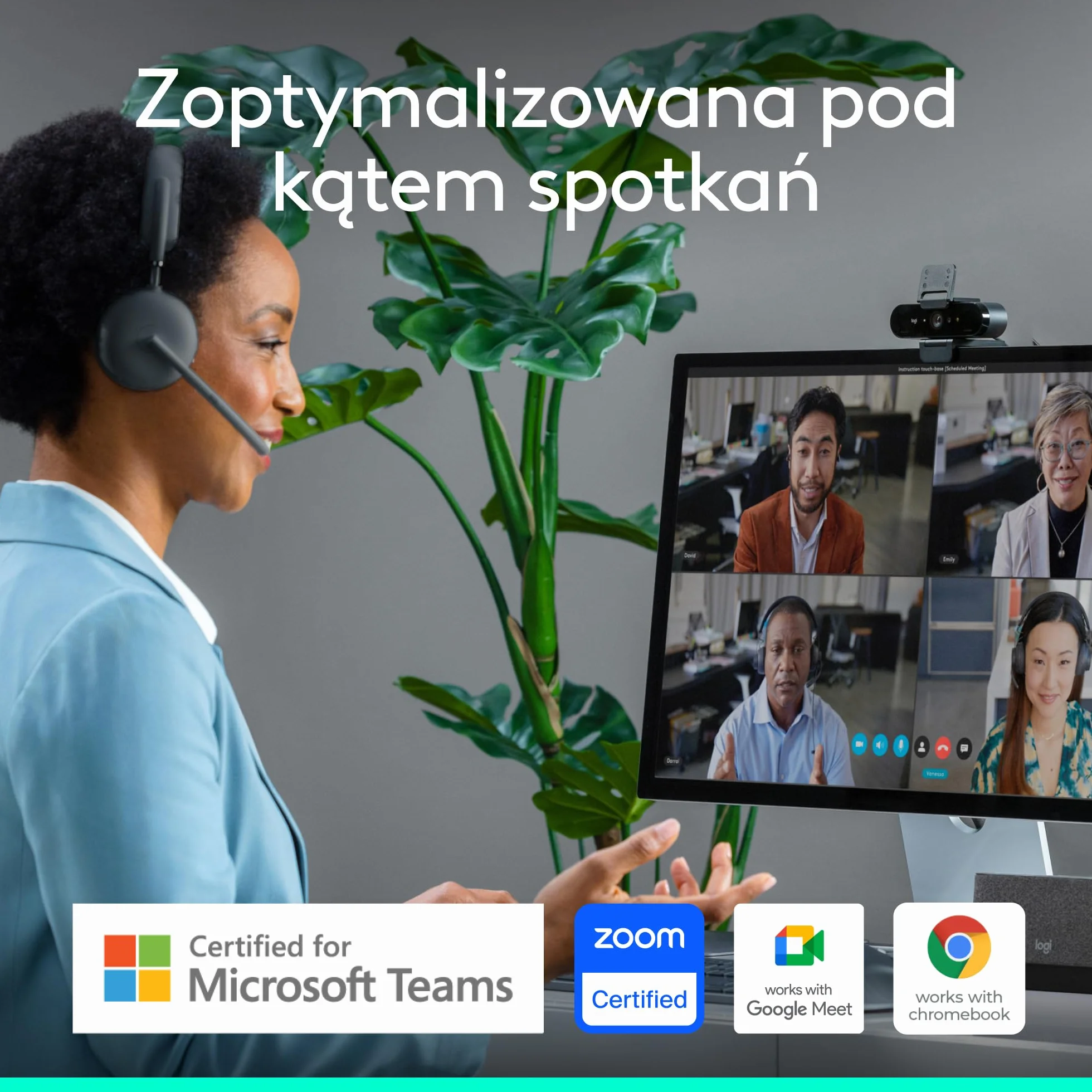 Logitech Brio 4K, logowanie biometryczne za pomocą Windows Hello, automatyczna korekcja natężenia światła, redukcja szumów, zgodność z Microsoft Teams, Zoom, Google Meet, komputerem PC/Mac