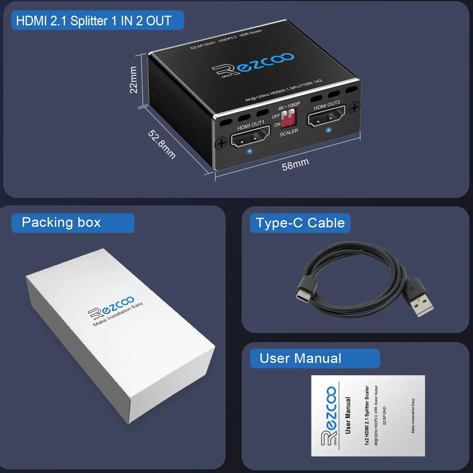 4K 120Hz HDMI 2.1 Splitter 8K 60Hz 1 in2 out VRR ALLM HDCP2.3 HDR10 8KUHD Dolby Vision Atmos Scaler 4K EDID 1080P Dual Monitors Rozgałęźnik HDMI 1 wejście 2 wyjścia for PS5 SkyQ Xbox NVIDIA AMD