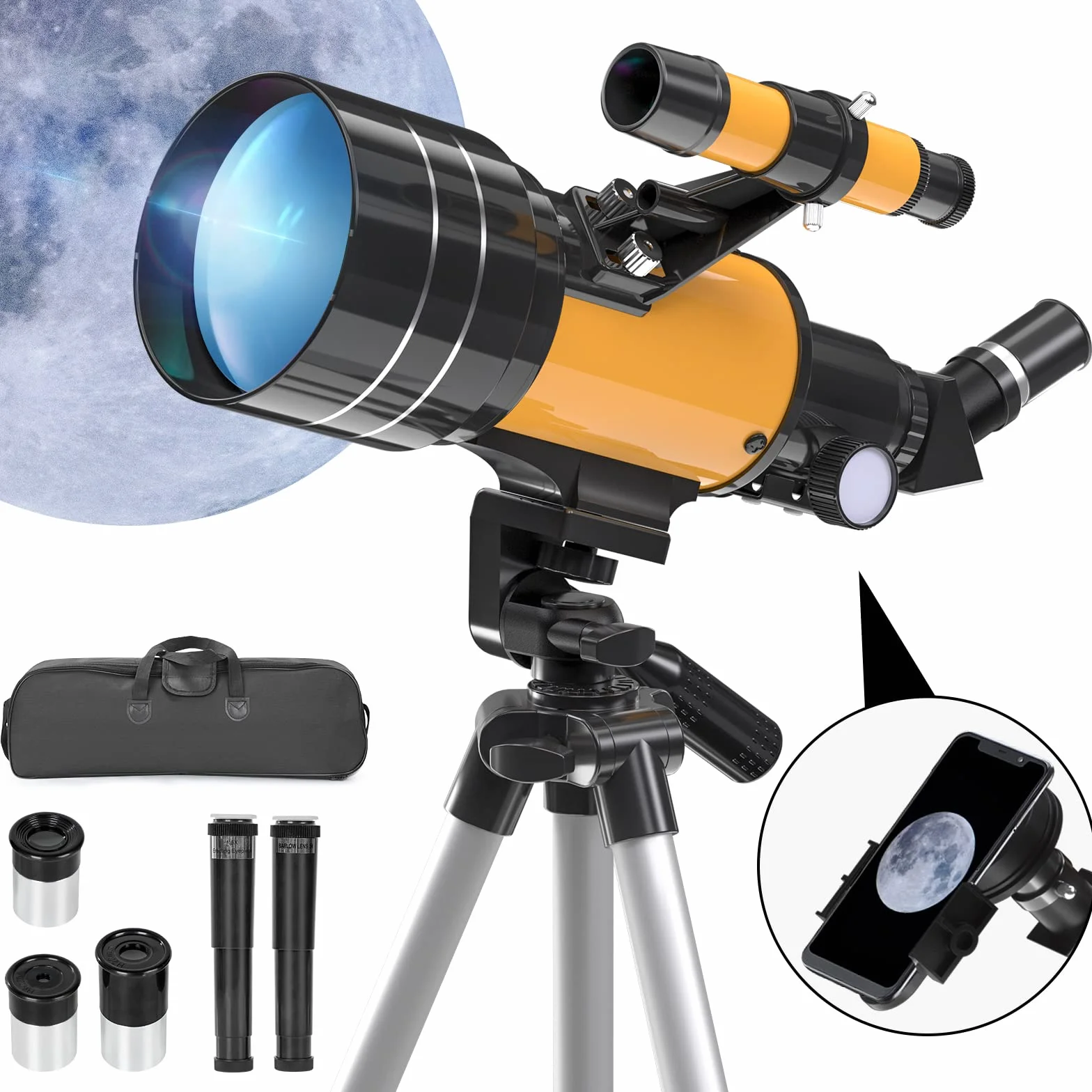 Teleskop astronomiczny, teleskop dla dorosłych, 70/300 mm, osłona refraktora, teleskop dla dzieci i początkujących, z adapterem do telefonu i statywem do obserwacji planet i księżyca (15 x 150 x)