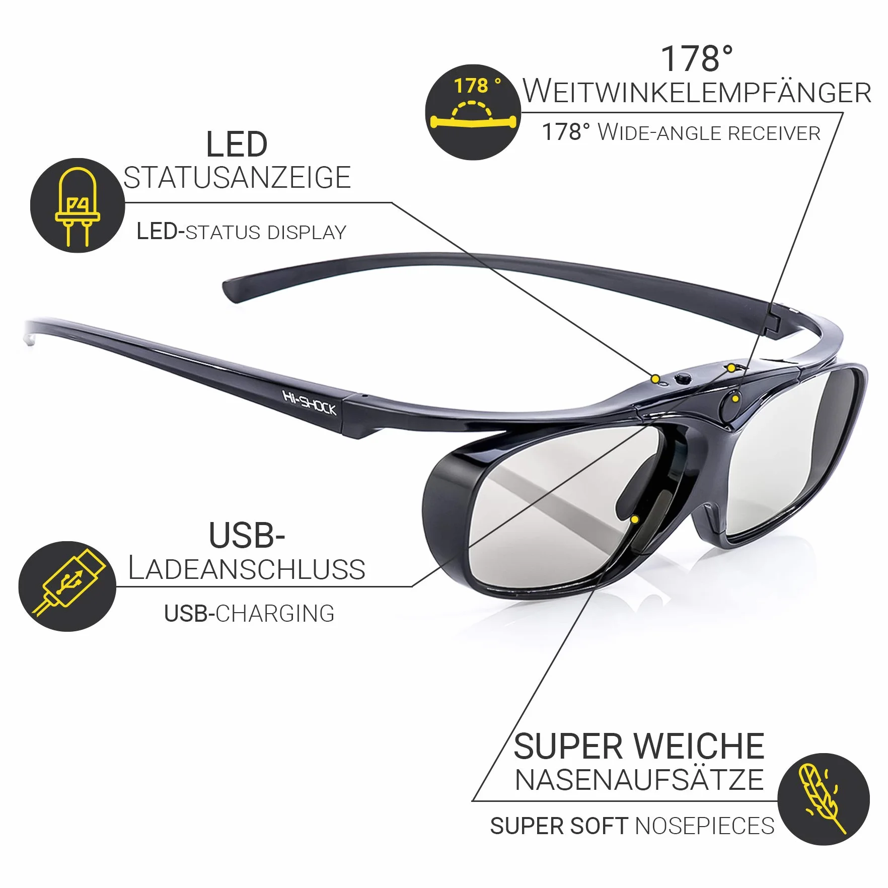 Hi-Shock RF Pro Black Heaven | Okulary 3D do projektorów EPSON, JVC i Sony RF, kompatybilne z ELPGS03, EB-W16, EH-TW550, EH-TW570, EH-TW5910, 120 Hz, FHD3DRF, ładowalne