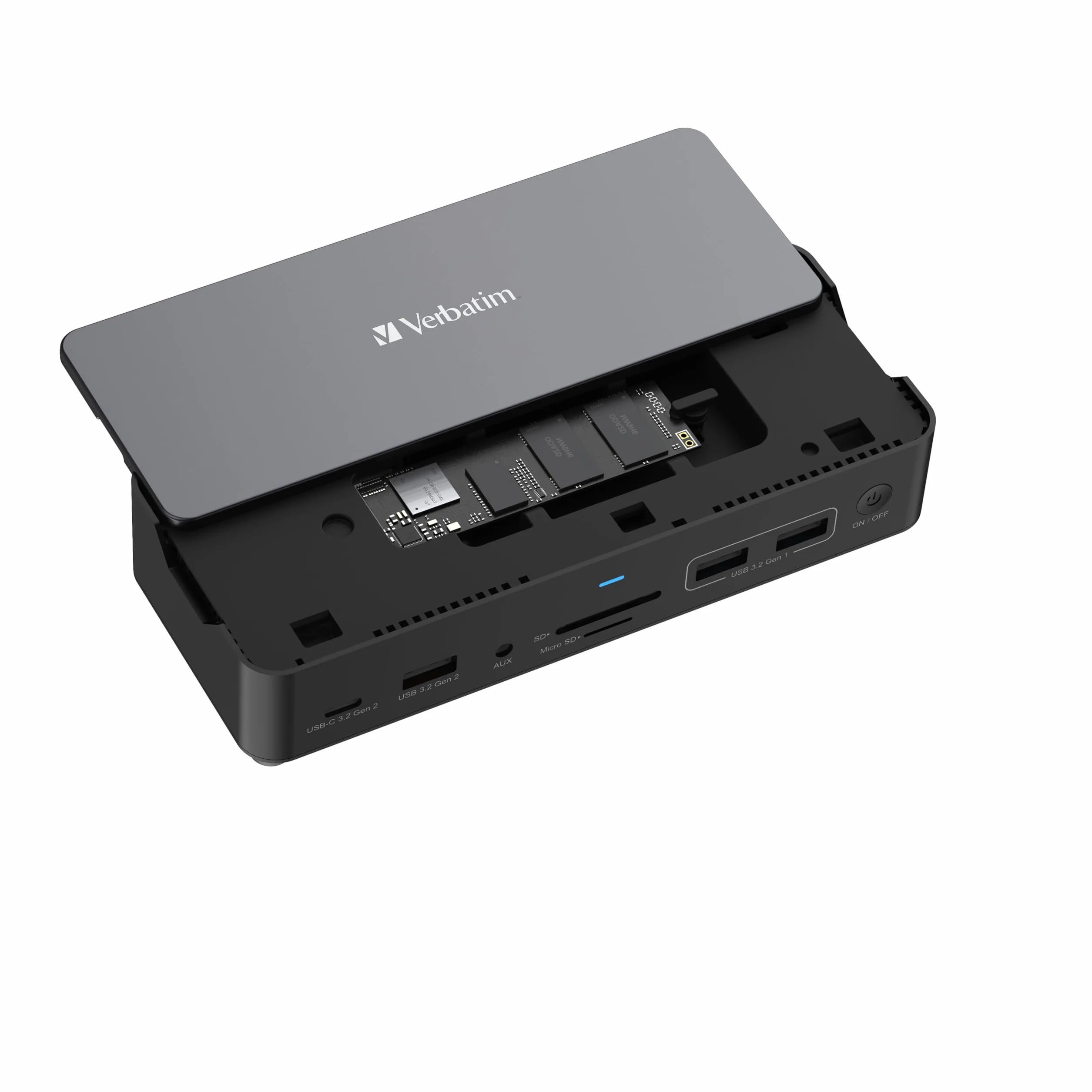 Verbatim Stacja dokująca USB-C Pro, koncentrator 15 w 1 z gniazdem SSD, adapter multiport do HDMI 4K i 8K, USB-A i USB-C, PD 80 W, AUX, czytnik kart, do laptopów Mac/Windows i innych
