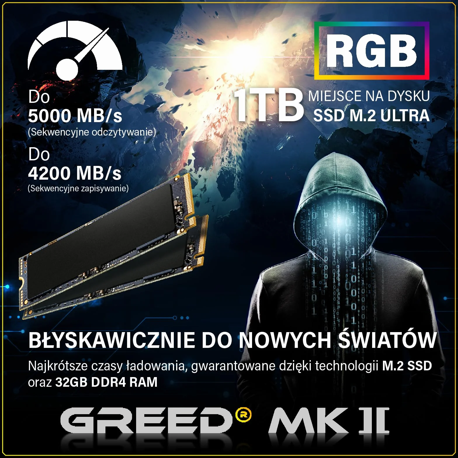 Greed MK2 Plus - PC Gaming - AMD Ryzen 7 5700X + RX 9060 XT 8 GB, szybki komputer do gier z 4K & Raytracing - 4,6 GHZ, 32 GB DDR4 RAM - 1 TB SSD + zasilacz 750 W - Wi-Fi + W11 Pro