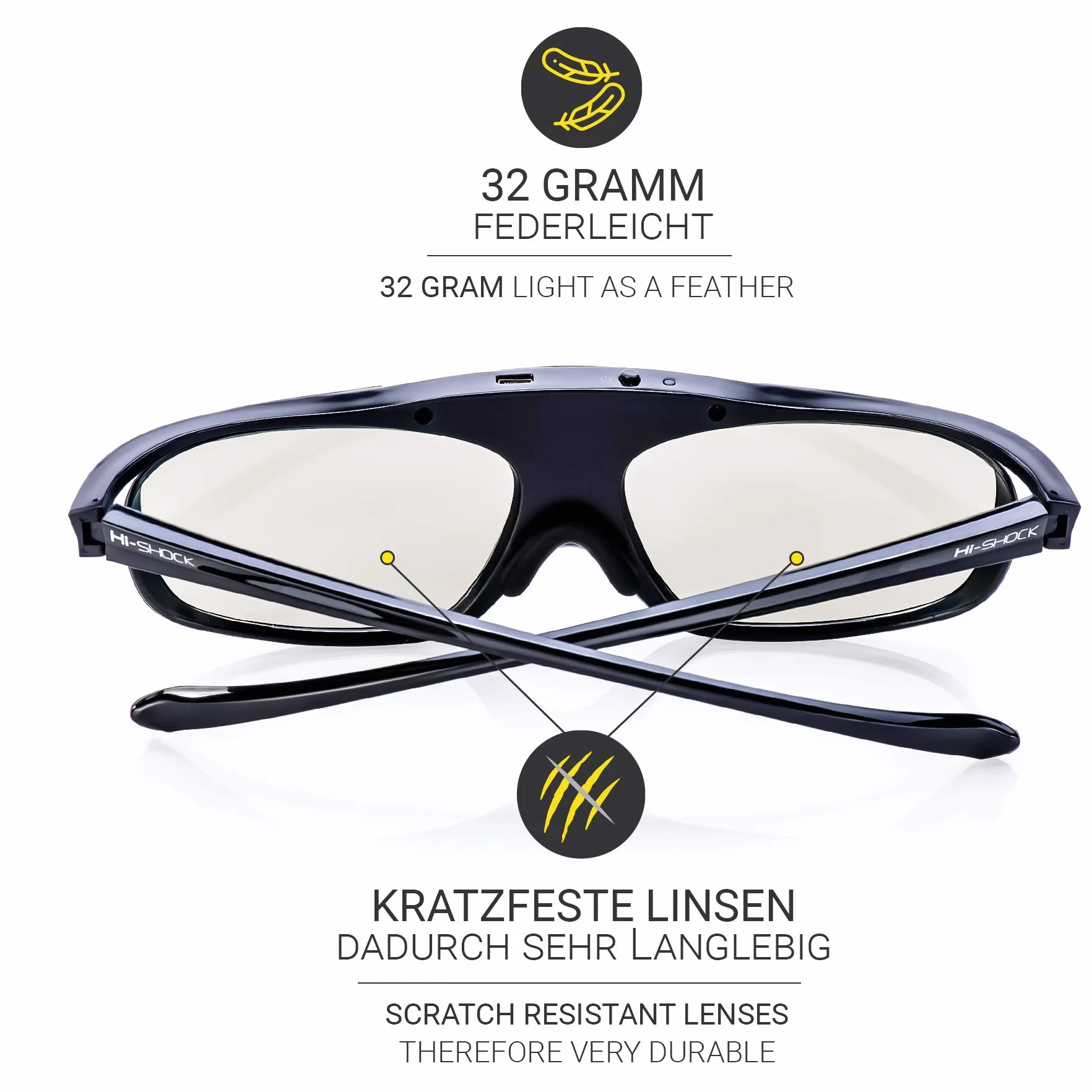 Hi-Shock RF Pro Black Heaven | Okulary 3D do projektorów EPSON, JVC i Sony RF, kompatybilne z ELPGS03, EB-W16, EH-TW550, EH-TW570, EH-TW5910, 120 Hz, FHD3DRF, ładowalne
