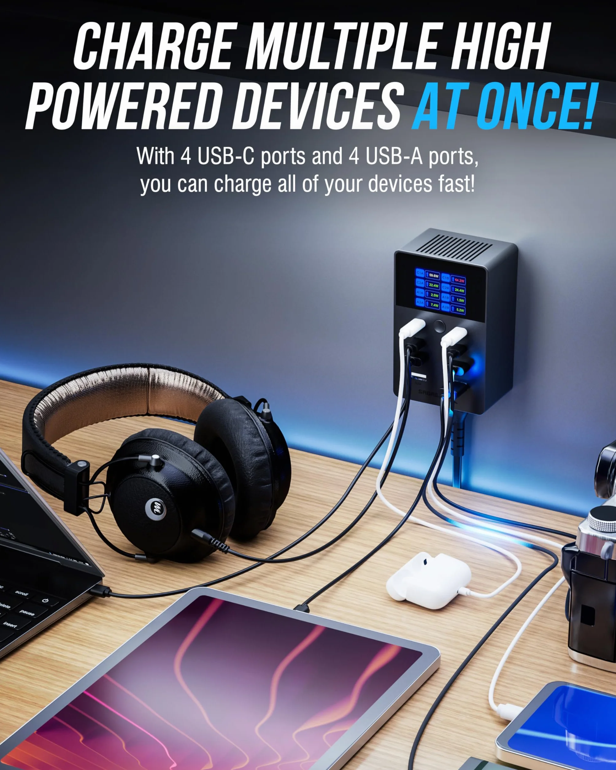 SABRENT Ładowarka 252 W – 8-portowa USB PD 3.0 z wyświetlaczem LCD, szybkie ładowanie urządzeń, laptopów, telefonów, konsol do gier – PPS, zabezpieczenie przed przeładowaniem (AX-8PTC)