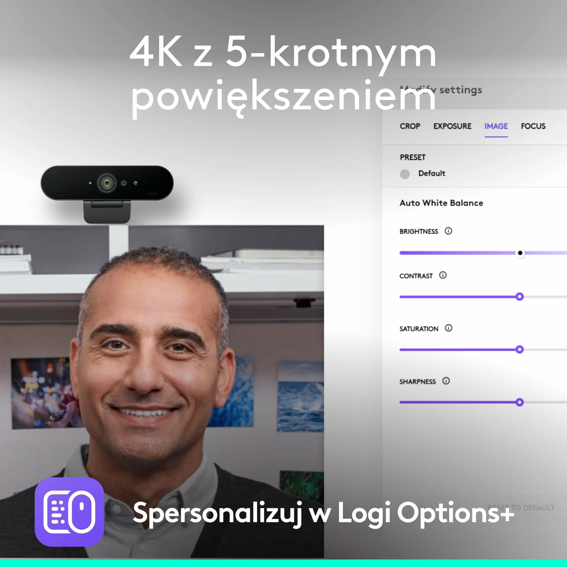 Logitech Brio 4K, logowanie biometryczne za pomocą Windows Hello, automatyczna korekcja natężenia światła, redukcja szumów, zgodność z Microsoft Teams, Zoom, Google Meet, komputerem PC/Mac