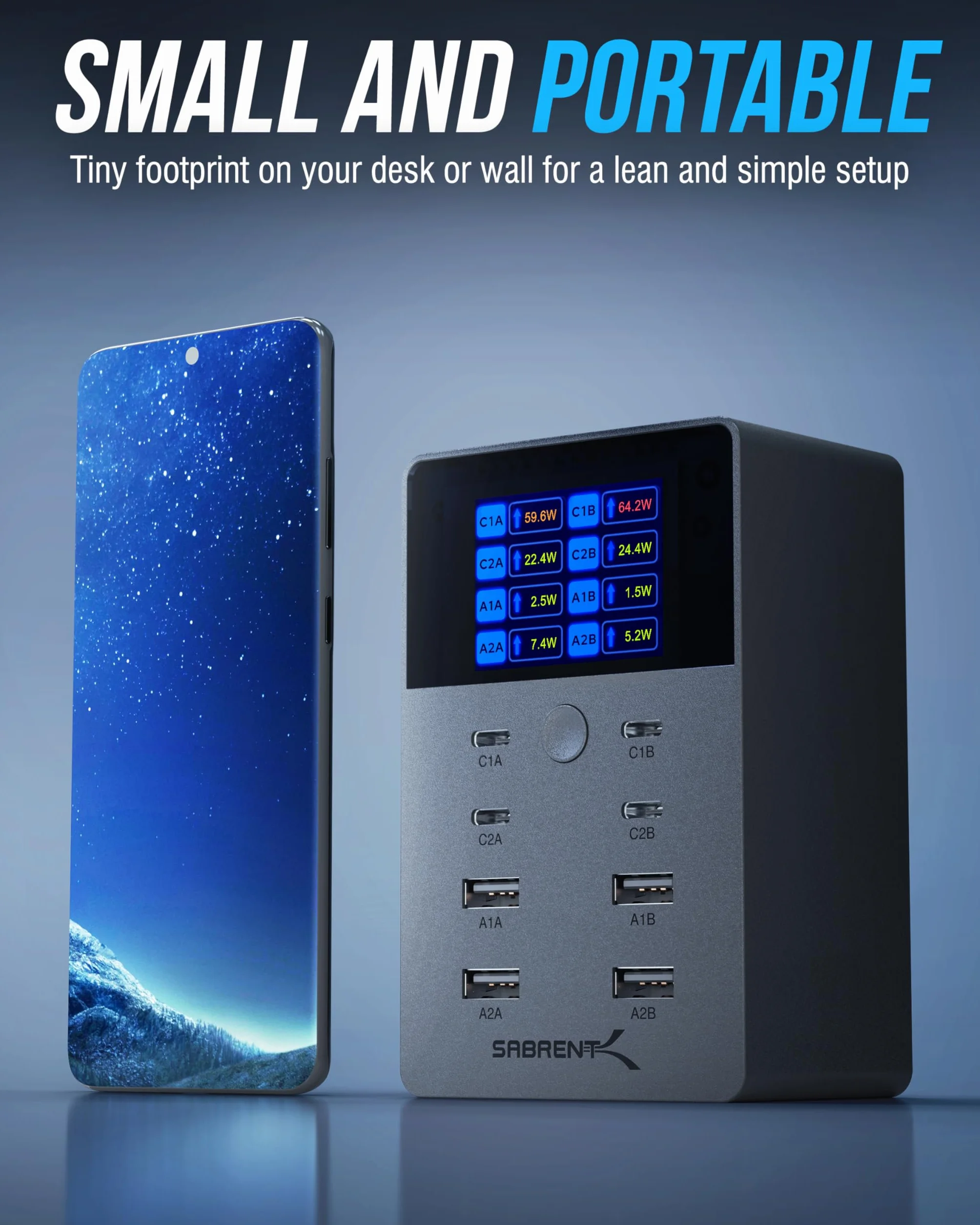 SABRENT Ładowarka 252 W – 8-portowa USB PD 3.0 z wyświetlaczem LCD, szybkie ładowanie urządzeń, laptopów, telefonów, konsol do gier – PPS, zabezpieczenie przed przeładowaniem (AX-8PTC)