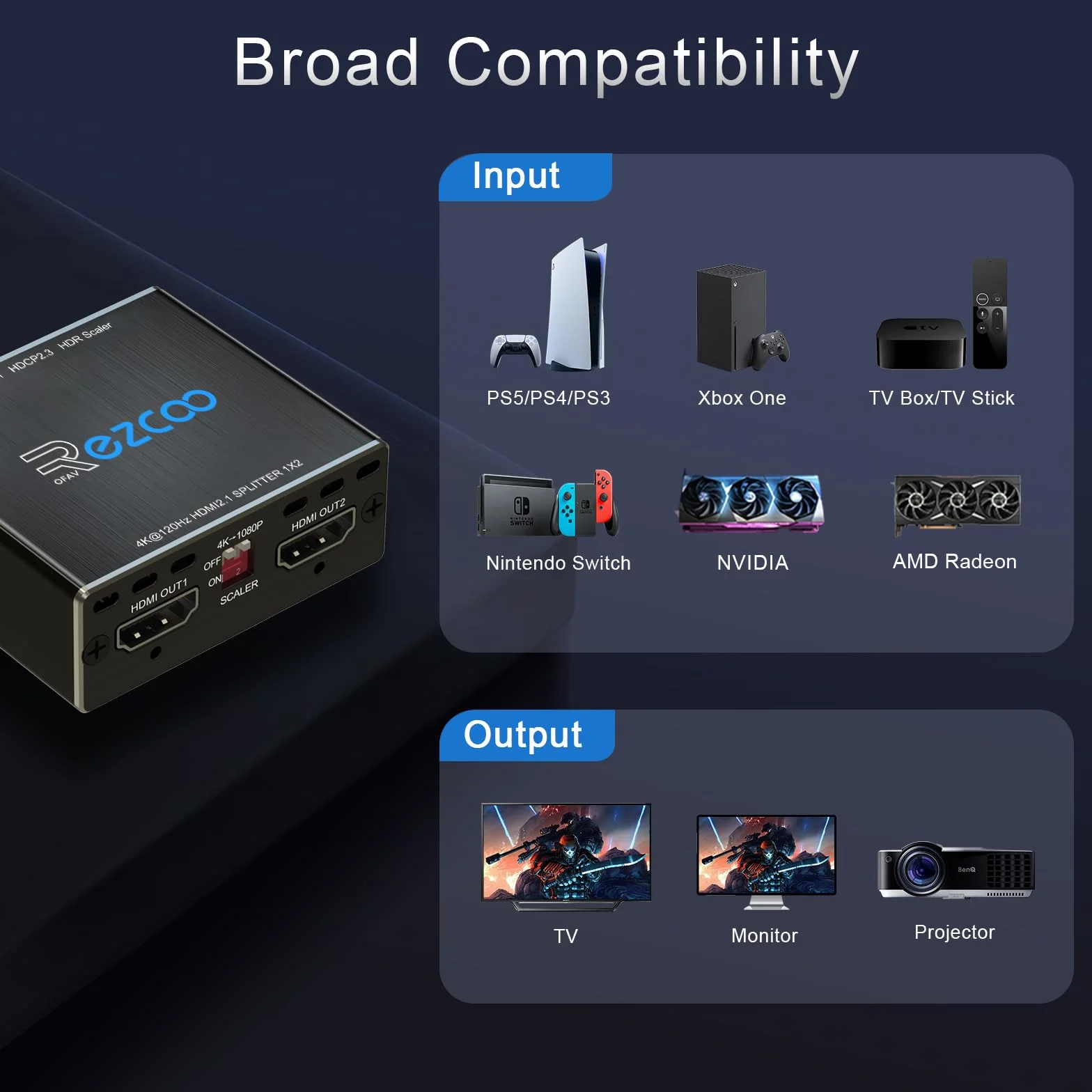 4K 120Hz HDMI 2.1 Splitter 8K 60Hz 1 in2 out VRR ALLM HDCP2.3 HDR10 8KUHD Dolby Vision Atmos Scaler 4K EDID 1080P Dual Monitors Rozgałęźnik HDMI 1 wejście 2 wyjścia for PS5 SkyQ Xbox NVIDIA AMD