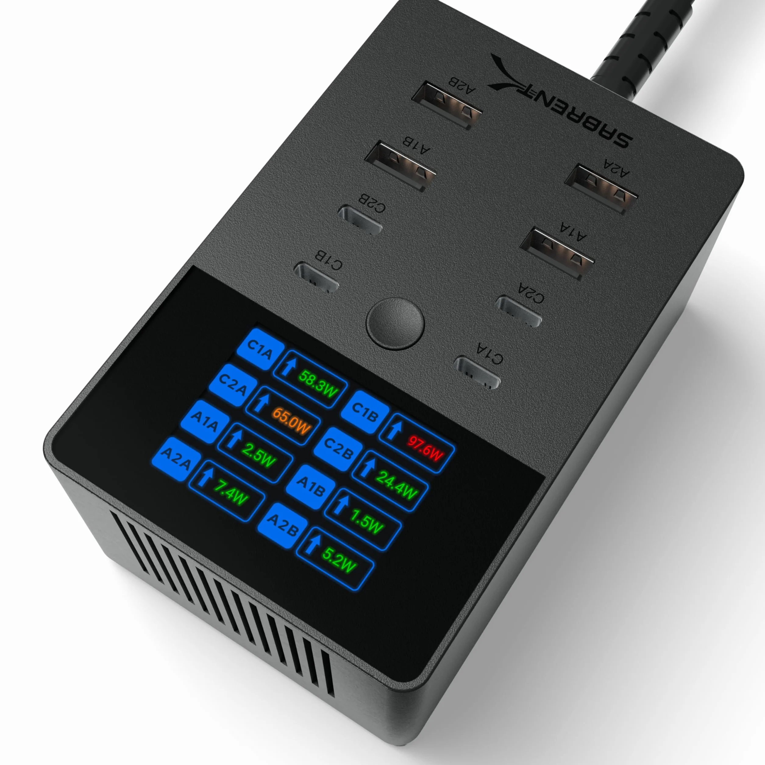 SABRENT Ładowarka 252 W – 8-portowa USB PD 3.0 z wyświetlaczem LCD, szybkie ładowanie urządzeń, laptopów, telefonów, konsol do gier – PPS, zabezpieczenie przed przeładowaniem (AX-8PTC)