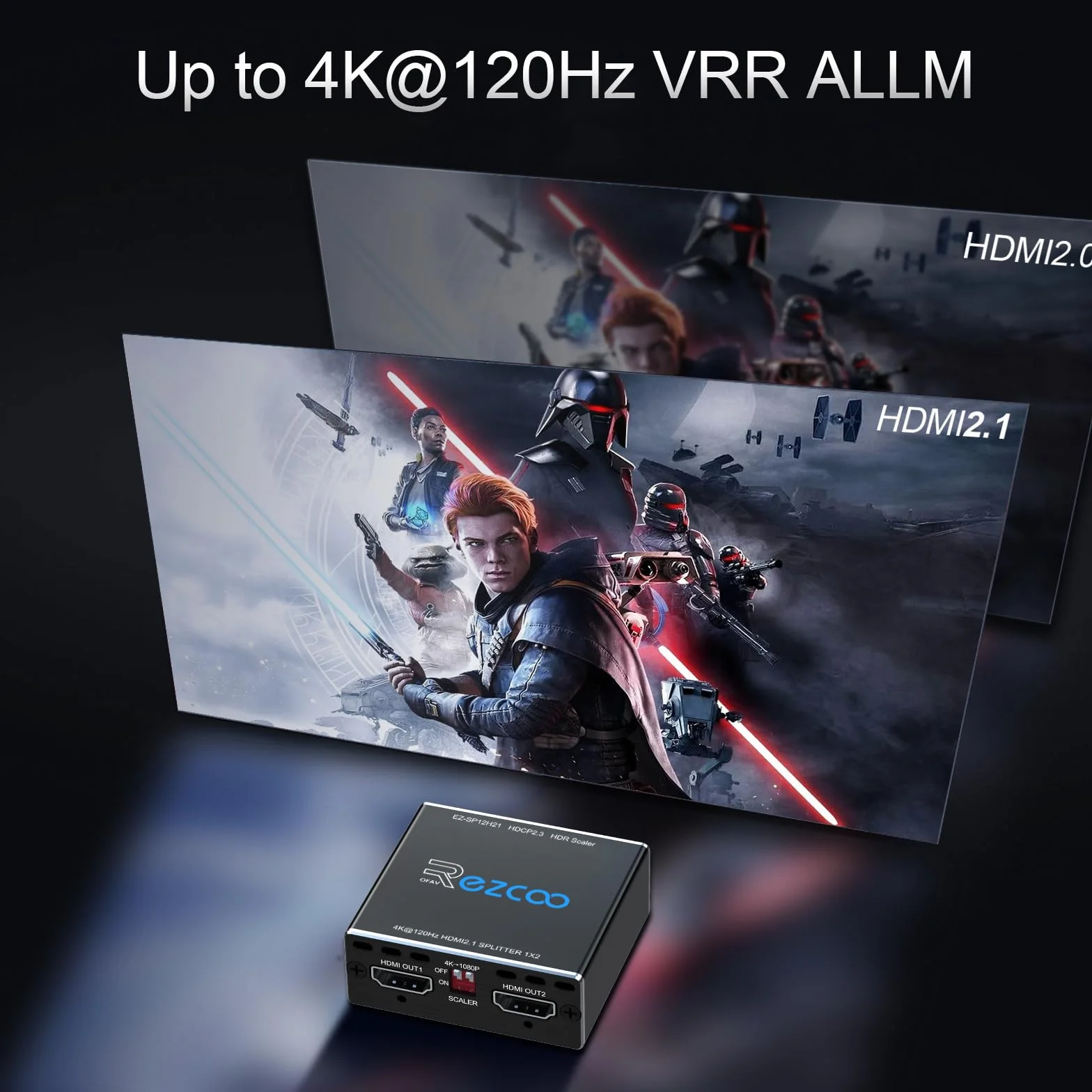 4K 120Hz HDMI 2.1 Splitter 8K 60Hz 1 in2 out VRR ALLM HDCP2.3 HDR10 8KUHD Dolby Vision Atmos Scaler 4K EDID 1080P Dual Monitors Rozgałęźnik HDMI 1 wejście 2 wyjścia for PS5 SkyQ Xbox NVIDIA AMD