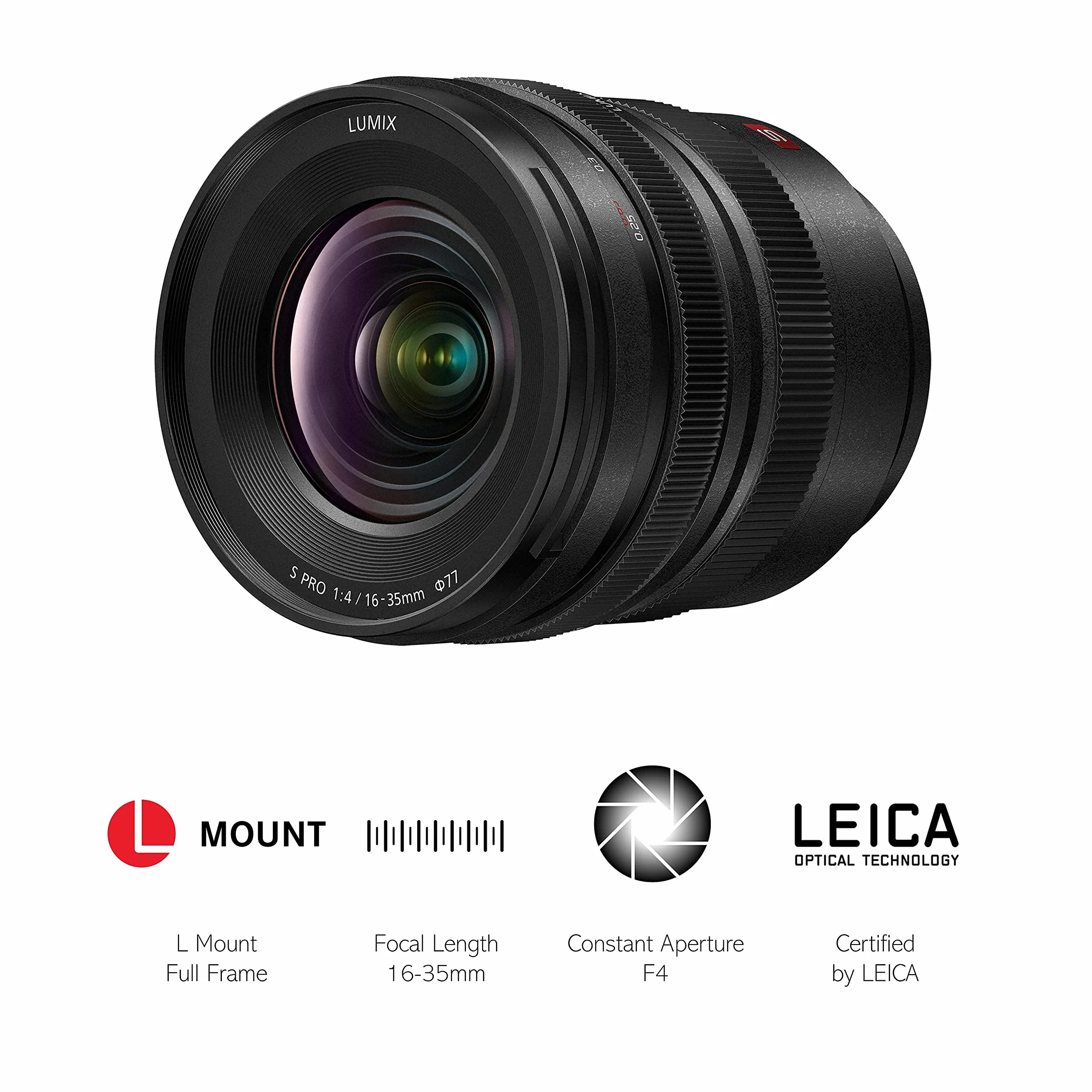 Panasonic S-R1635 szerokokątny teleobiektyw z zoomem L-Mount (16–35mm, F4, filtr 77mm, pełna klatka FF, odporny na pył i zachlapanie), czarny