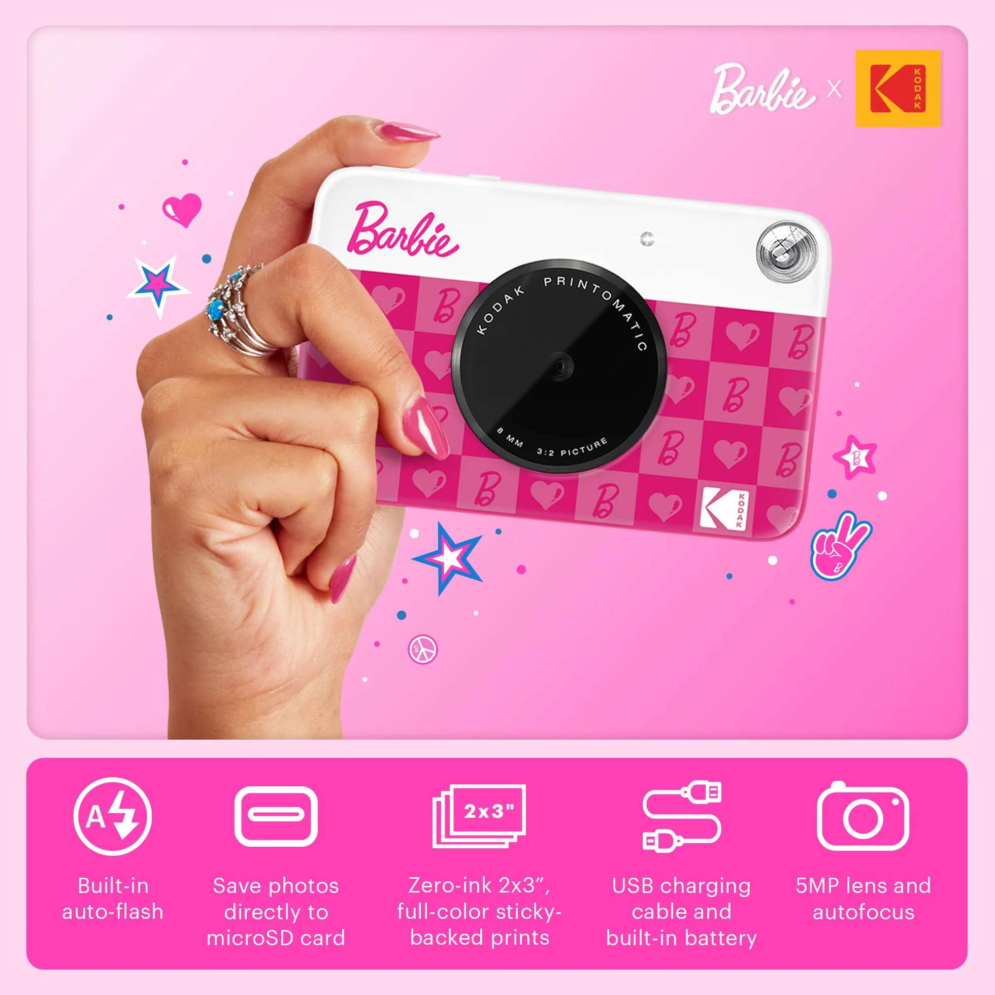 Barbie x Kodak Printomatic Cyfrowy Aparat Fotograficzny – 5MP Przenośny Aparat Barbie Drukuje Kolorowe Zdjęcia 2x3” z Klejem – Styl Ikoniczny, Iconic Style, Camera