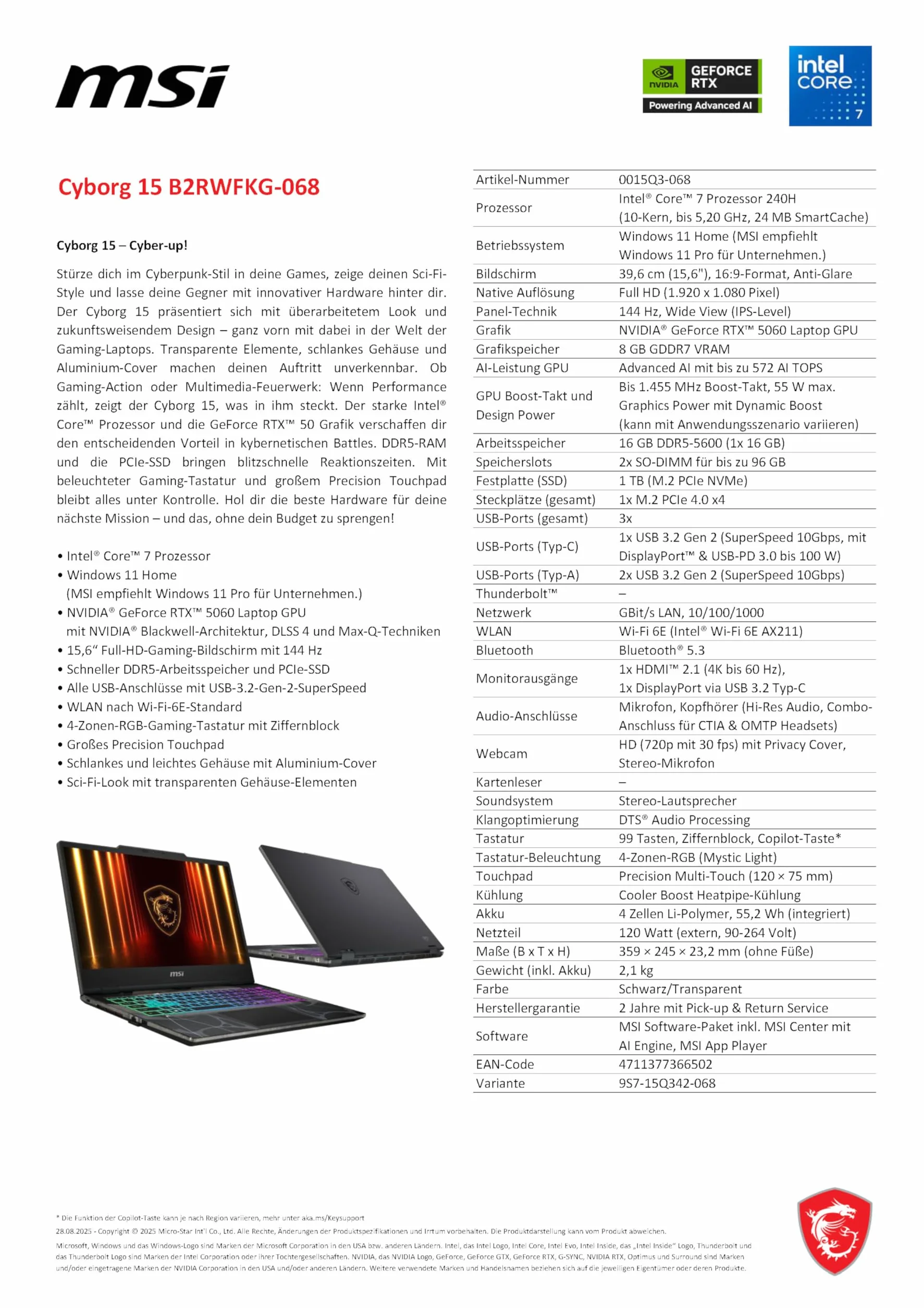 MSI Cyborg 15, laptop gamingowy, wyświetlacz 15,6 cala, Full-HD 144 Hz, Intel Core 7 240H, NVIDIA GeForce RTX 5060, 16 GB DDR5, 1 TB SSD, Windows 11 Home, klawiatura QWERTZ, czarna, B2RWFKG-068