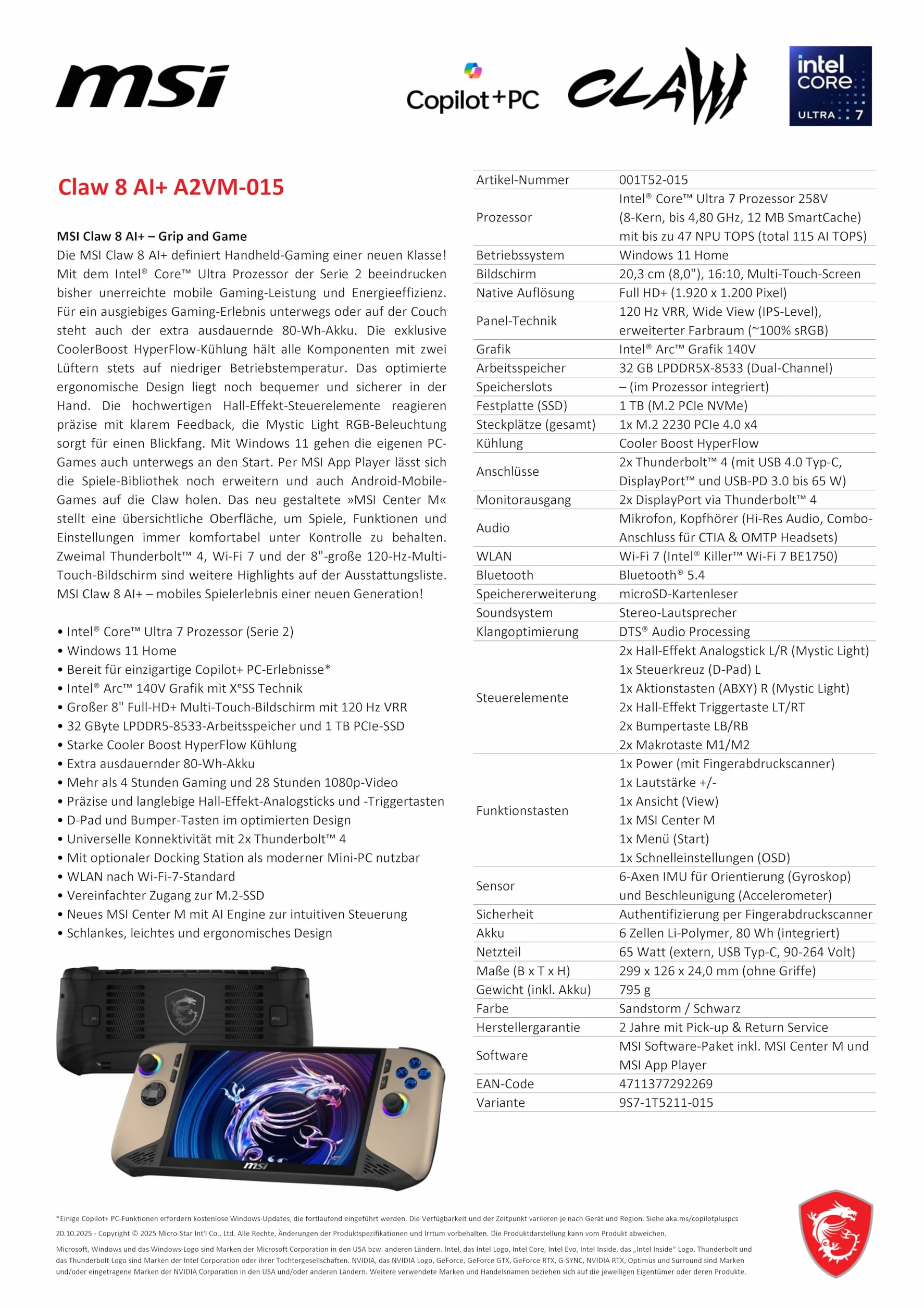 MSI Claw 8 AI+ Gaming Handheld, 8-calowy wy?wietlacz FHD+ 120 Hz, procesor Intel Core Ultra 7 258 V, 32 GB RAM, 1 TB SSD, karta graficzna Intel Arc, Windows 11 Home, czarny/Sandstorm, A2VM-015