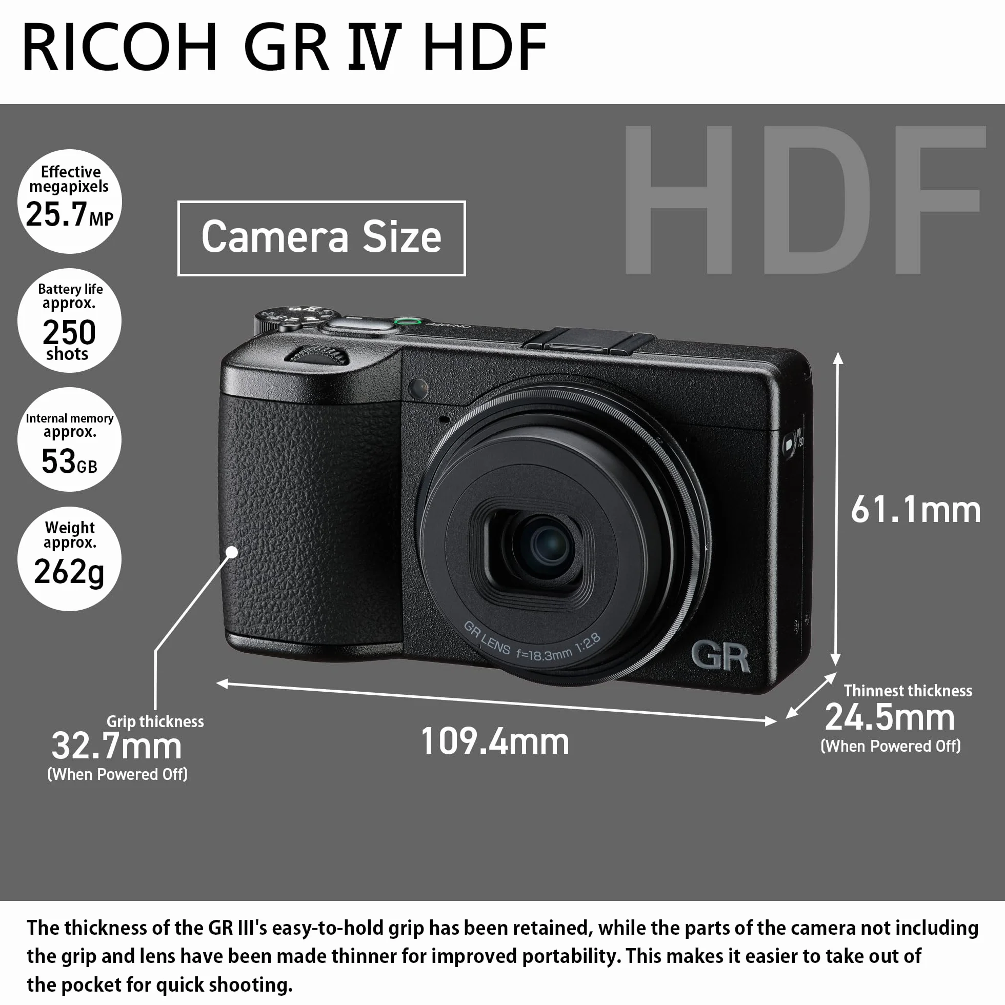 RICOH GR IV HDF, model rozszerzenia GR IV z wbudowanym filtrem dyfuzyjnym. Najlepszy cyfrowy aparat kompaktowy premium z nowym czujnikiem CMOS 25,74 MP APS-C i nowym obiektywem 28 mm f2,8 GR