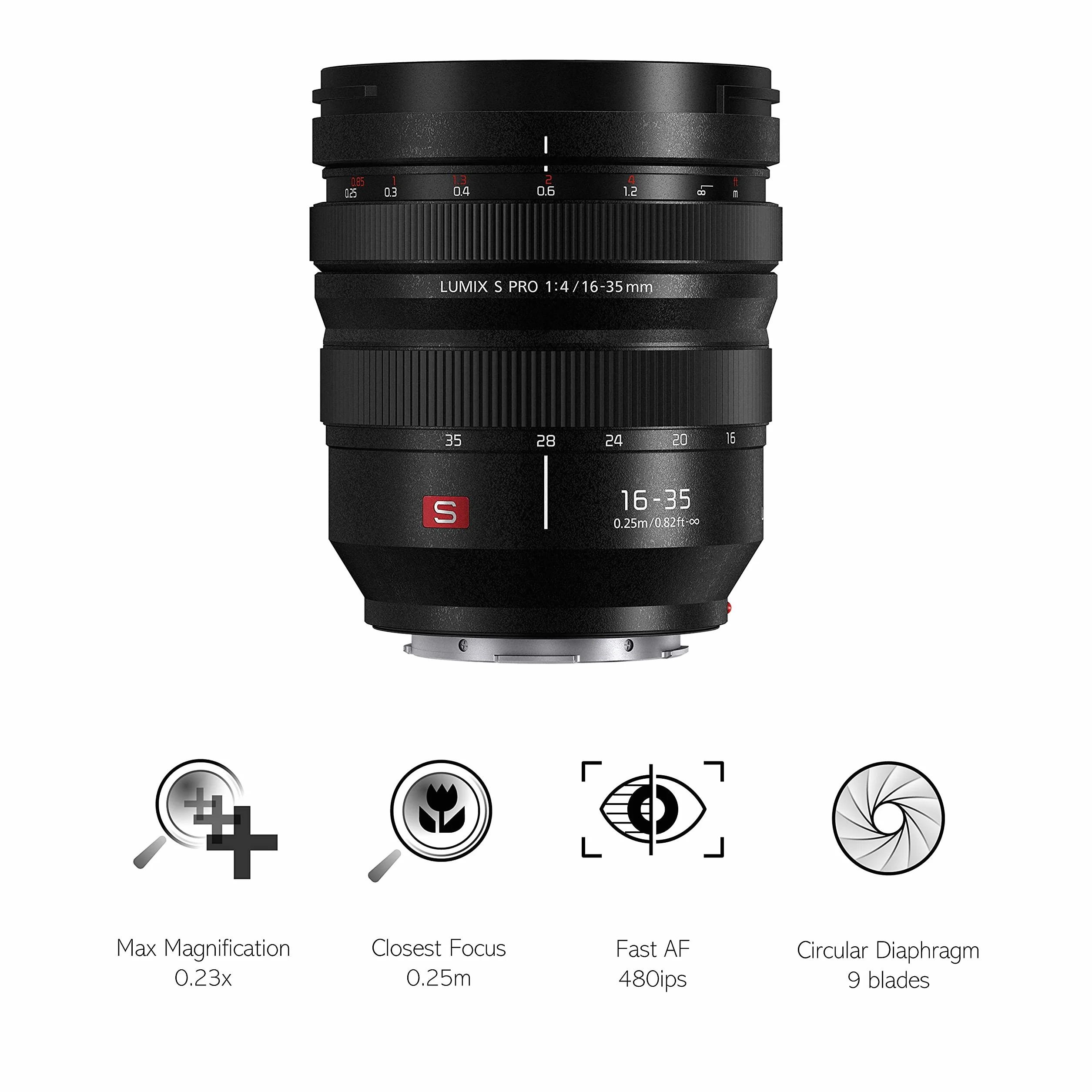 Panasonic S-R1635 szerokokątny teleobiektyw z zoomem L-Mount (16–35mm, F4, filtr 77mm, pełna klatka FF, odporny na pył i zachlapanie), czarny