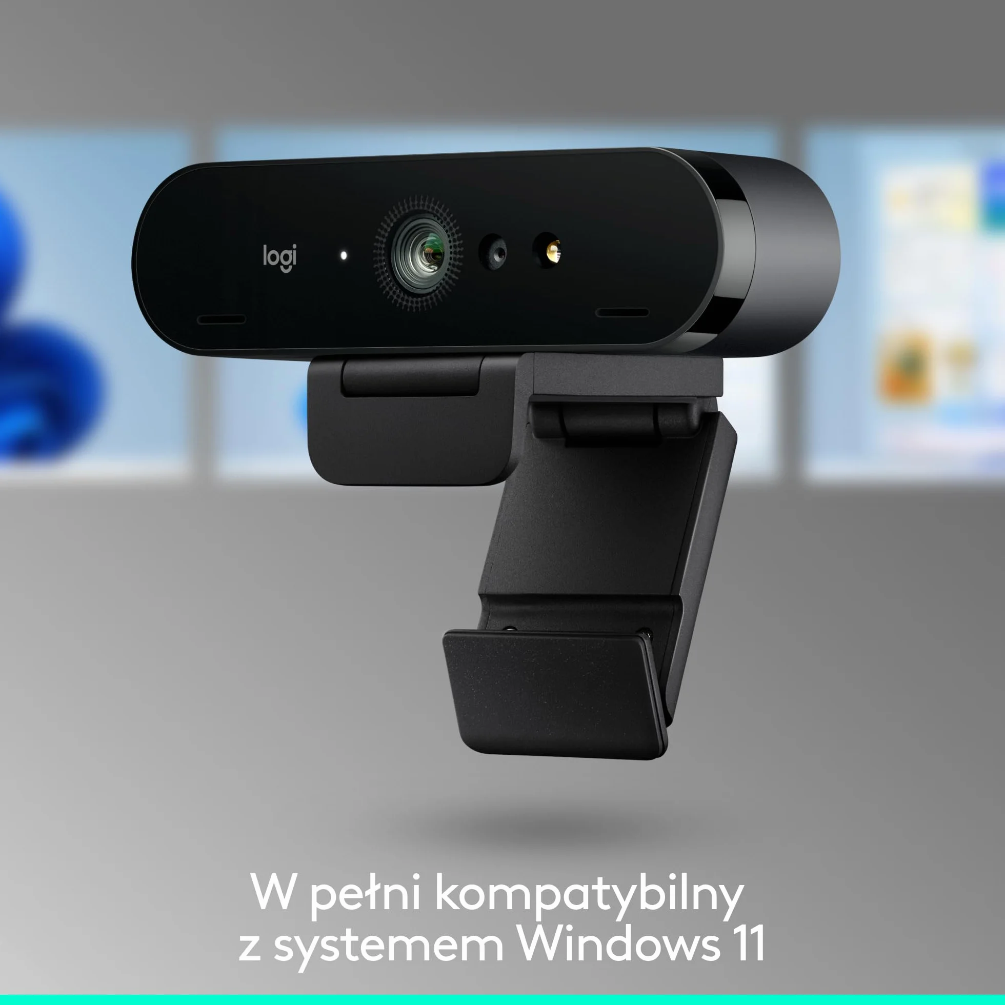 Logitech Brio 4K, logowanie biometryczne za pomocą Windows Hello, automatyczna korekcja natężenia światła, redukcja szumów, zgodność z Microsoft Teams, Zoom, Google Meet, komputerem PC/Mac