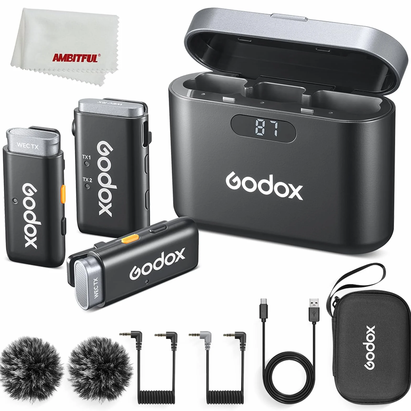 GODOX bezprzewodowy system mikrofonowy 2,4 GHz WEC Kit2, One-Click Oisecancellation, wyjątkowa jakość dźwięku, cyfrowy wyświetlacz baterii, zasięg do 200 m,