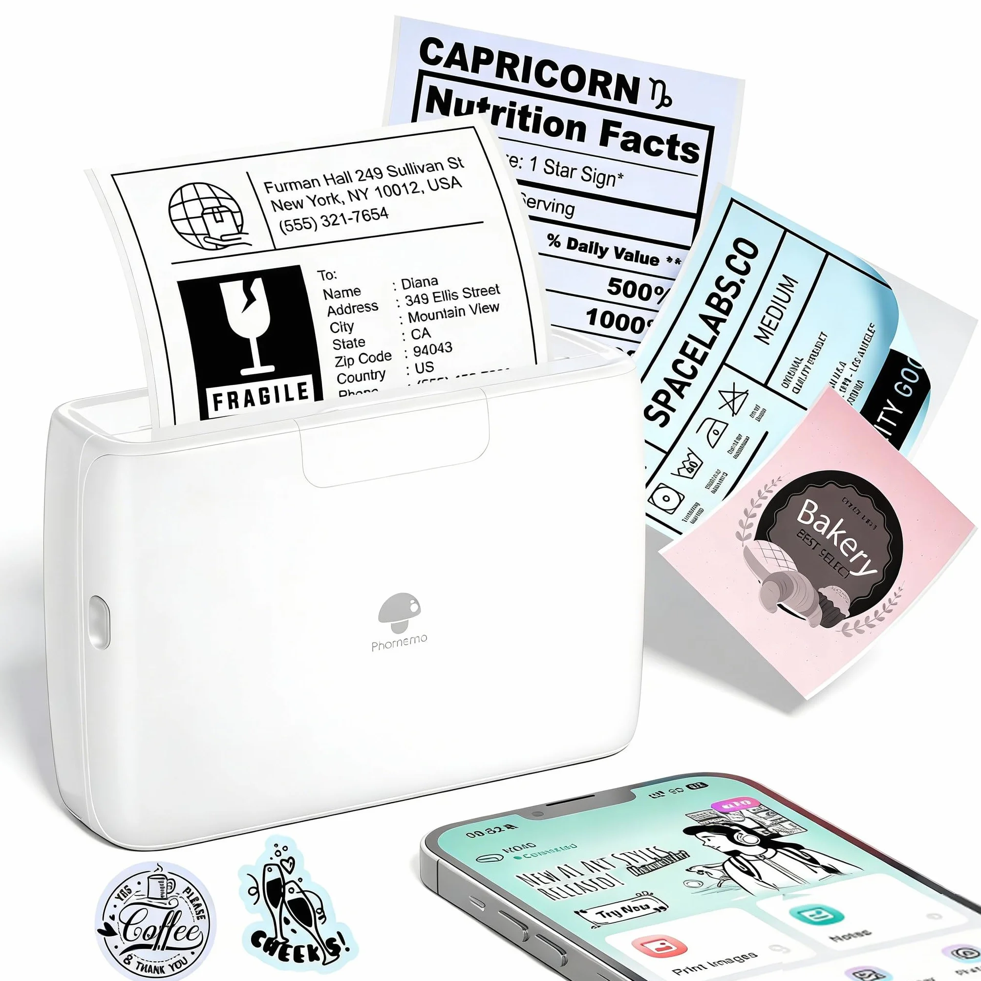 Phomemo Mini drukarka 300 DPI do smartfona, M04S, 110 mm, przenośna, termiczna, kompatybilna z iOS i Android, do samodzielnego tworzenia, etykiet wysyłkowych, dokumentów, zdjęć, nauki