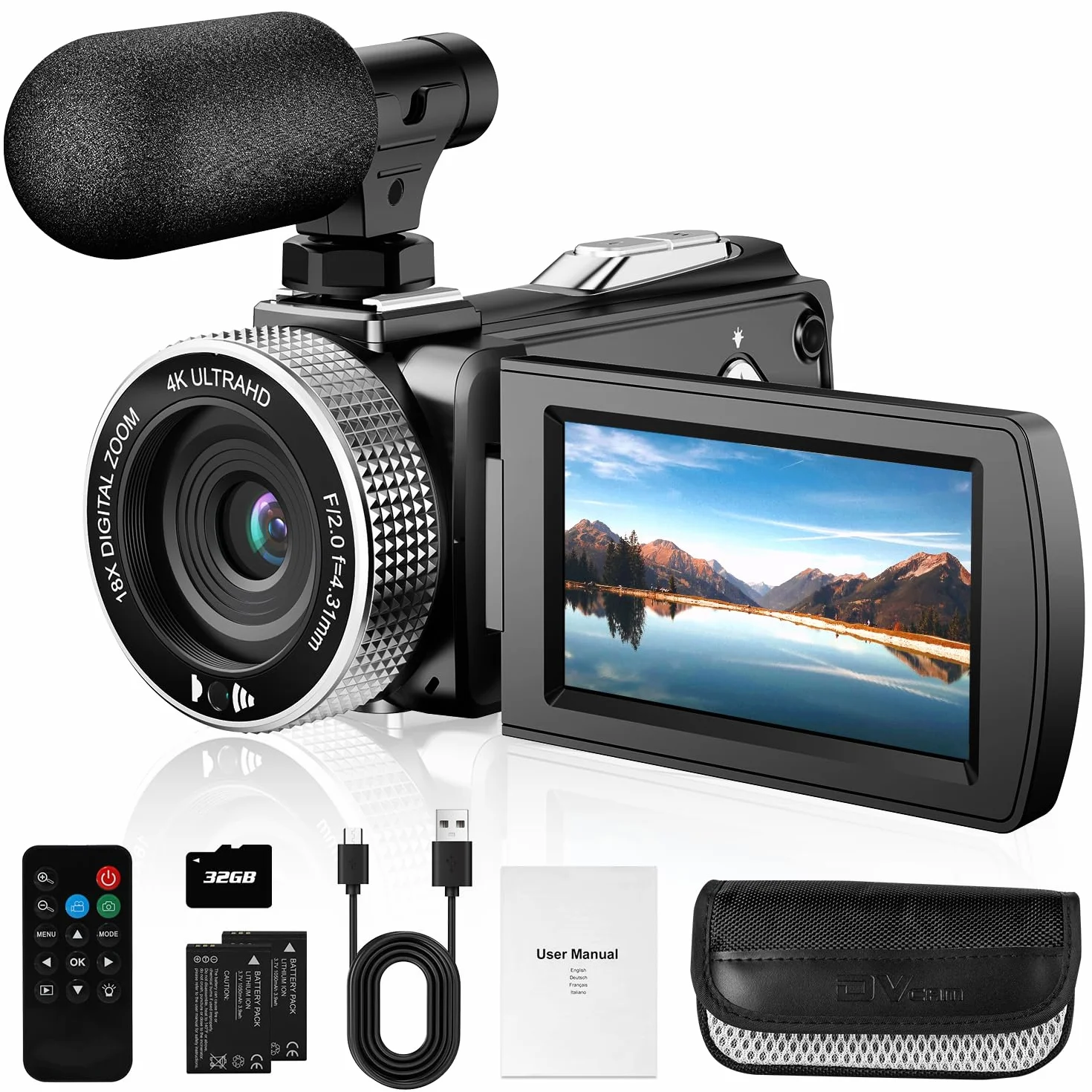 Cyfrowa kamera wideo 4K, fotografia 48 MP / 4K 60 kl./s, kamera wideo dla początkujących do vlogowania YouTube, z 2 bateriami/zewnętrznym mikrofonem/kartą SD/pilotem