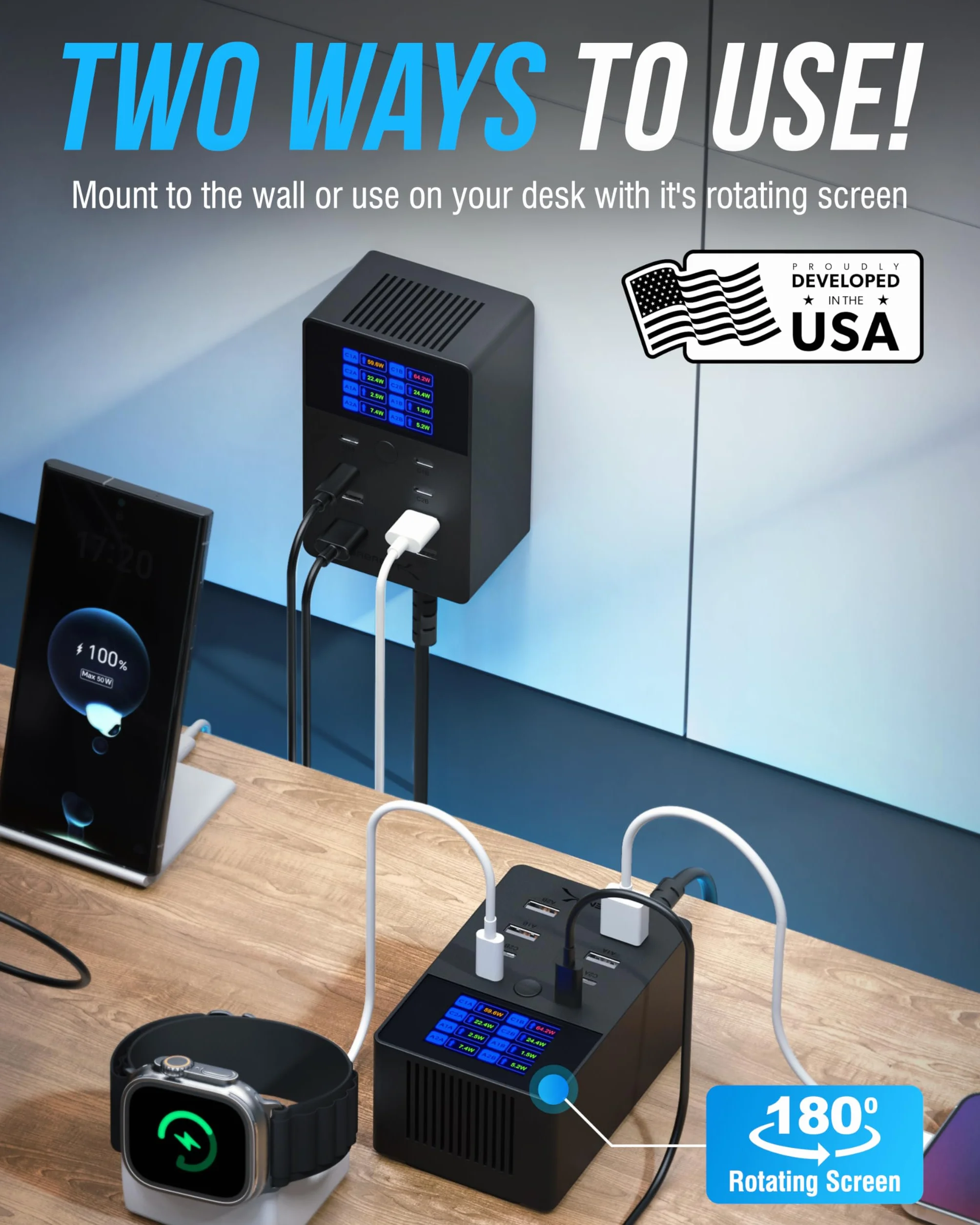 SABRENT Ładowarka 252 W – 8-portowa USB PD 3.0 z wyświetlaczem LCD, szybkie ładowanie urządzeń, laptopów, telefonów, konsol do gier – PPS, zabezpieczenie przed przeładowaniem (AX-8PTC)