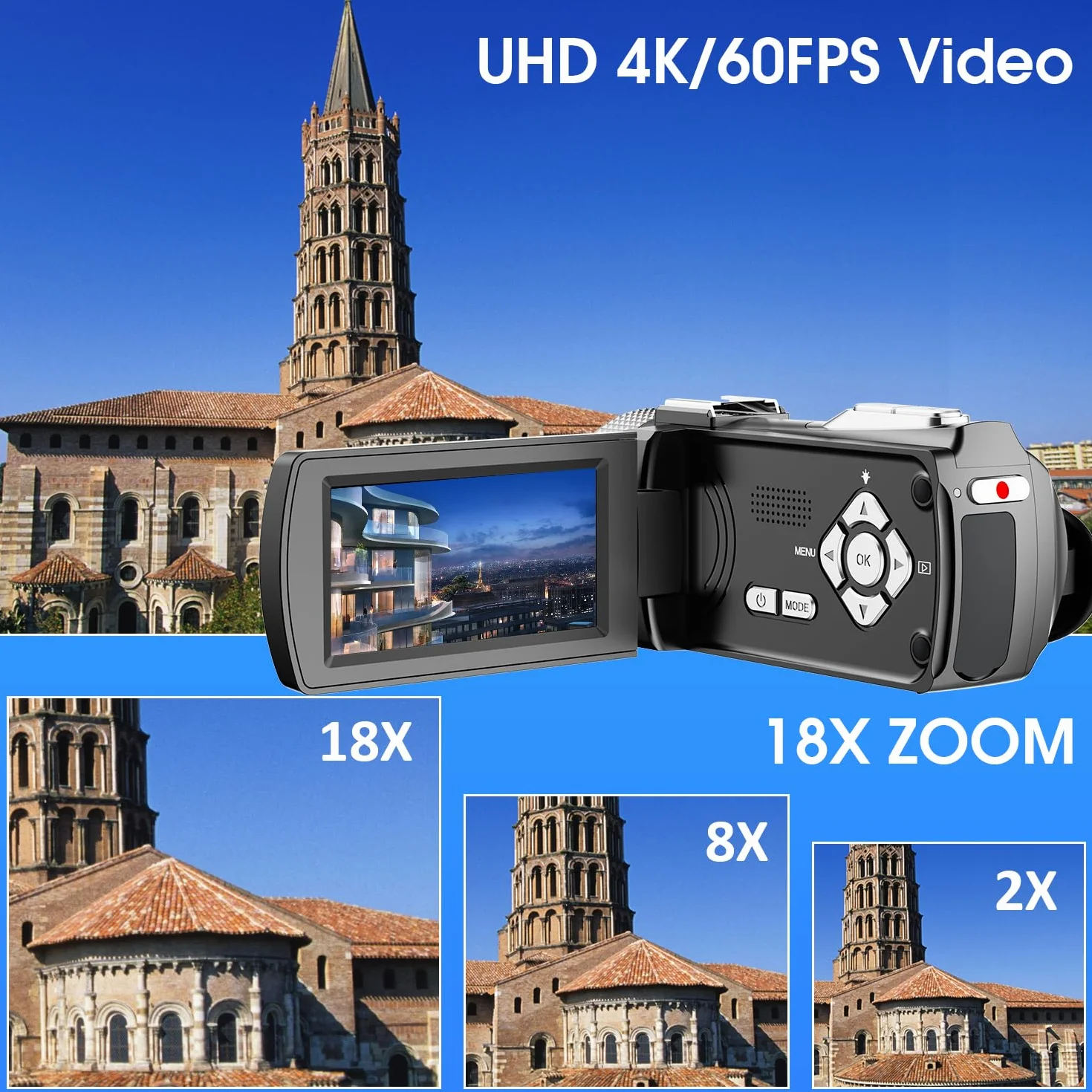 Cyfrowa kamera wideo 4K, fotografia 48 MP / 4K 60 kl./s, kamera wideo dla początkujących do vlogowania YouTube, z 2 bateriami/zewnętrznym mikrofonem/kartą SD/pilotem