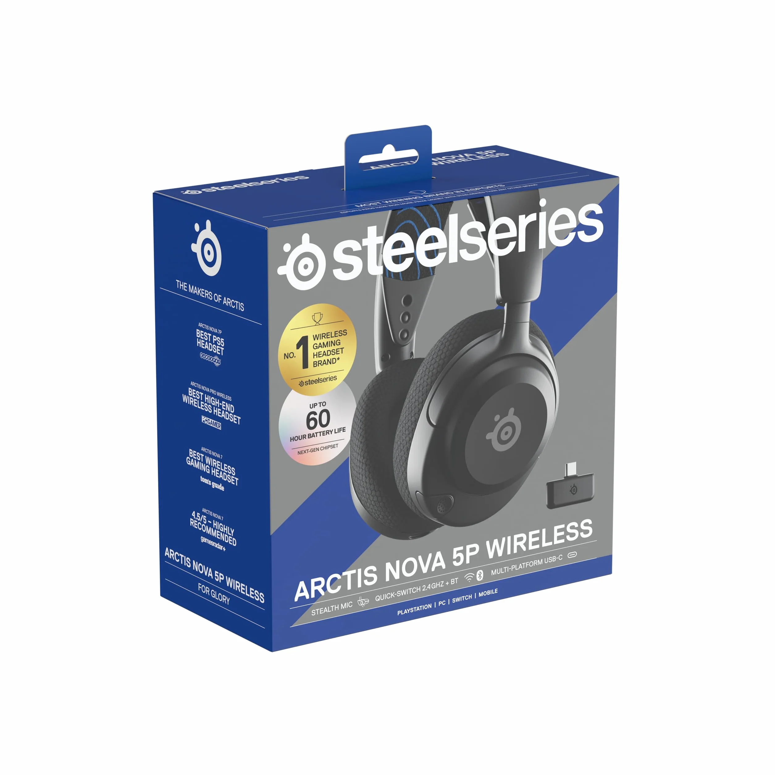 SteelSeries Arctis Nova 5P -słuchawki wi-fi do gier –neodymowe przetworniki magnetyczne –Ponad 100 ustawień wstępnych dźwięku– 60 godz baterii –2,4 GHz lub BT –Mik. Gen2.X – PS5, PS4, PC,Switch,mobile