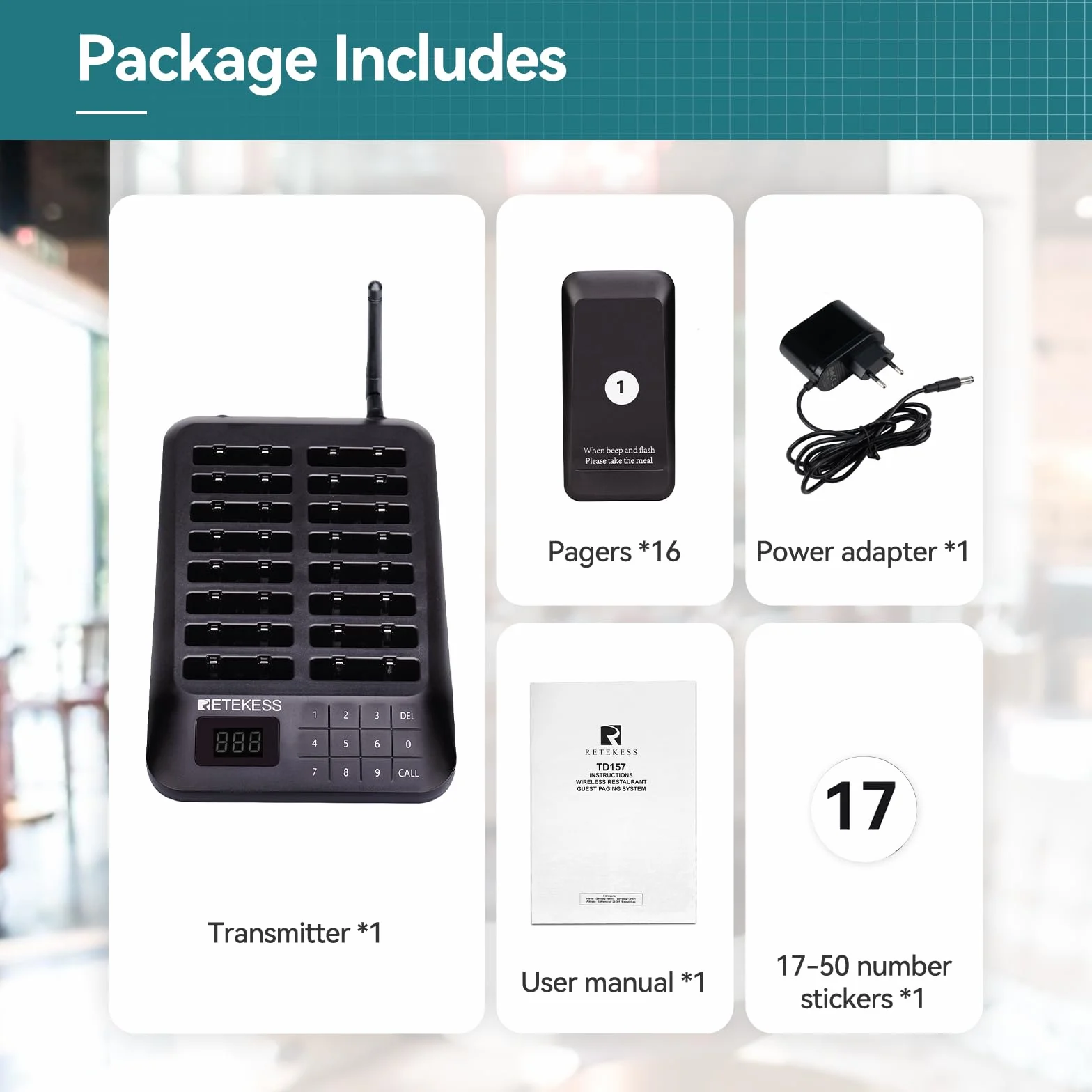Retekess TD157 System Pagera Restauracji, 500M Bezprzewodowy System Przywoławczy, 16 Pagerów, 300 mAh 24H, z Wibracjami, Łatwy w Obsłudze, Restaurant Pager Gastronomiczny Dla Bar Szpital