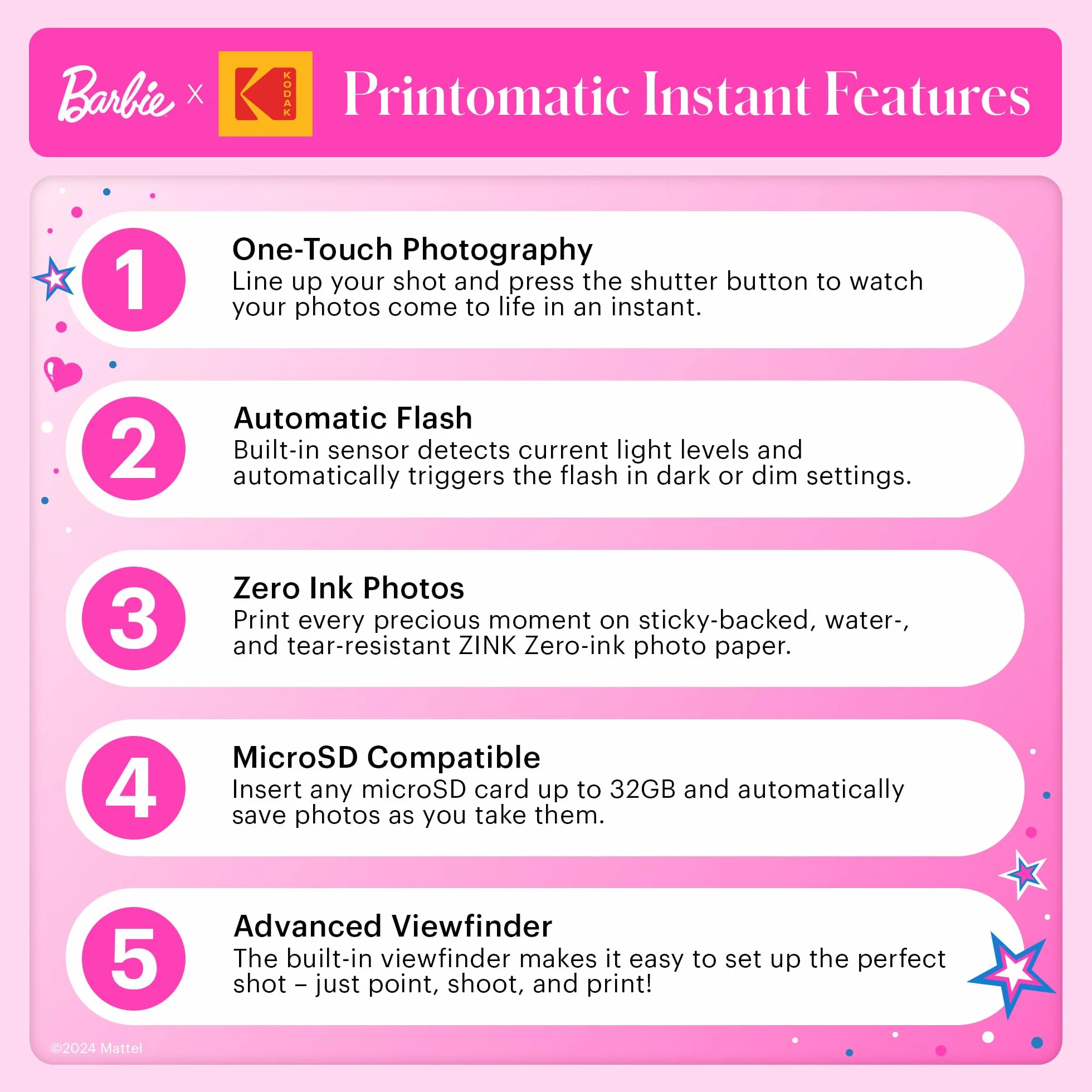 Barbie x Kodak Printomatic Cyfrowy Aparat Fotograficzny – 5MP Przenośny Aparat Barbie Drukuje Kolorowe Zdjęcia 2x3” z Klejem – Styl Ikoniczny, Iconic Style, Camera