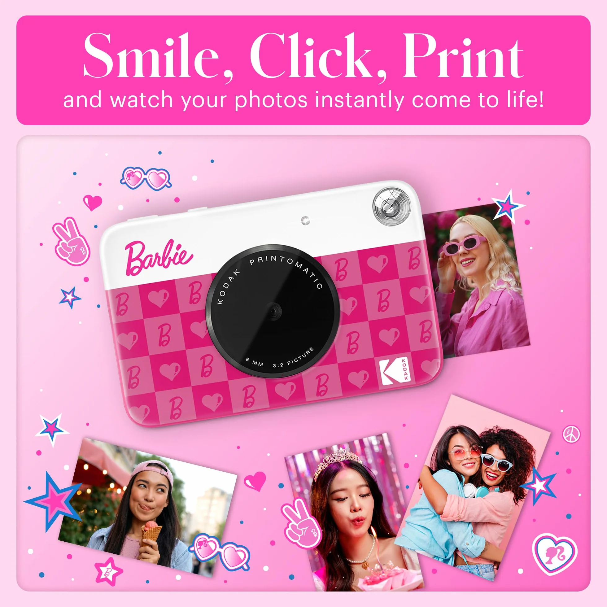 Barbie x Kodak Printomatic Cyfrowy Aparat Fotograficzny – 5MP Przenośny Aparat Barbie Drukuje Kolorowe Zdjęcia 2x3” z Klejem – Styl Ikoniczny, Iconic Style, Camera