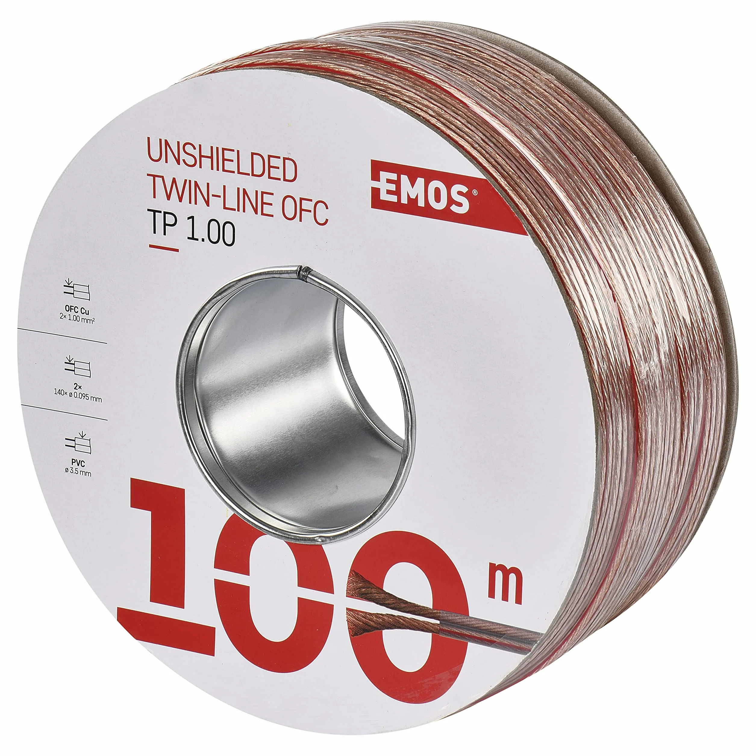 EMOS Kabel głośnikowy OFC 2 x 1,0 mm², 100 m, z czystej miedzi, do głośników i systemów surround, przezroczysty, z oznaczeniem polaryzacyjnym