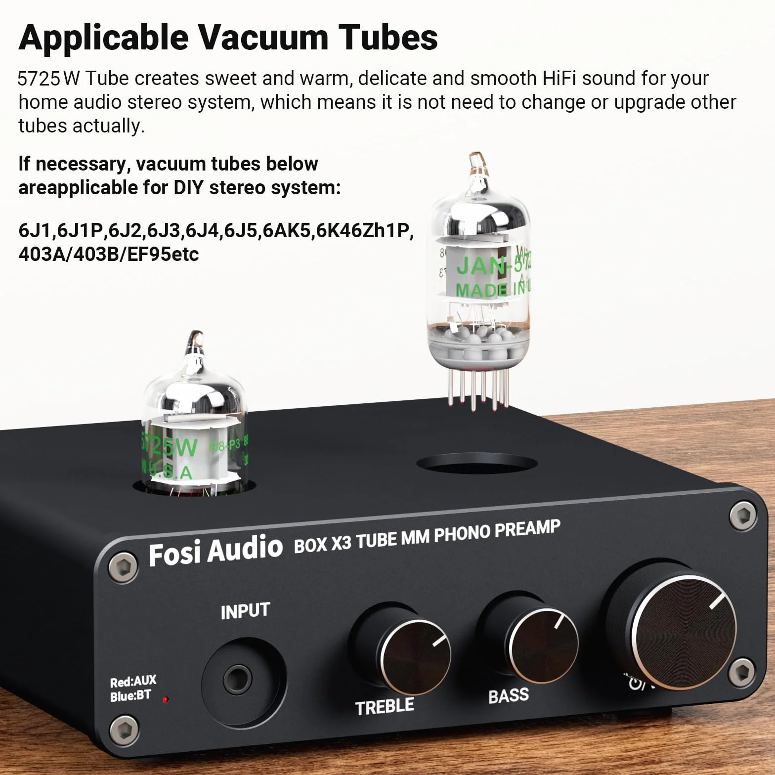 Fosi Audio BOX X3 5725W Lampowy Przedwzmacniacz Gramofonowy Przedwzmacniacz Gramofonowy do Gramofonu MM Bluetooth 5.0 Mini Stereo Hi-Fi Przedwzmacniacz do Domowego Odtwarzacza Audio Nagłośnienie