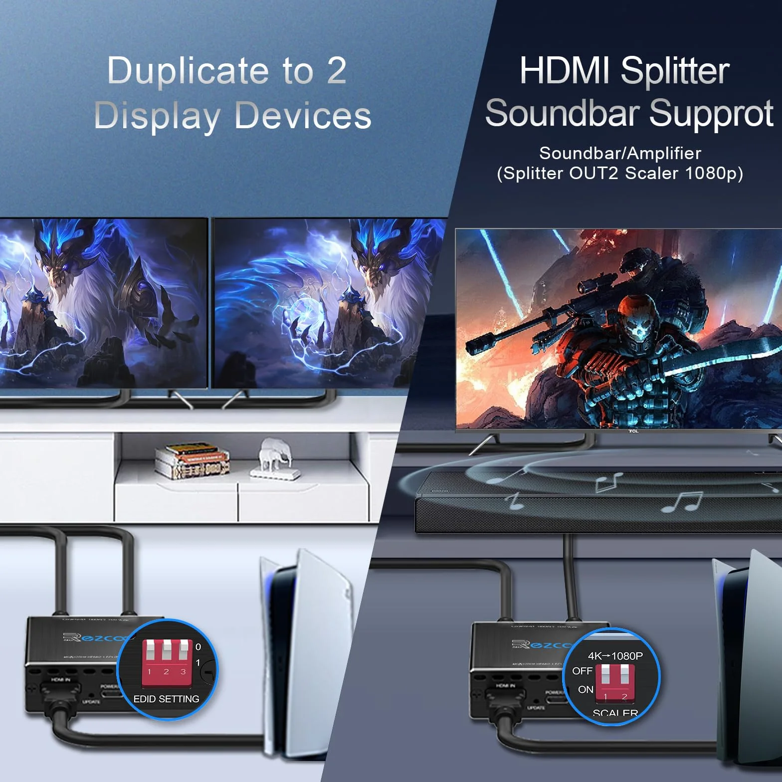 4K 120Hz HDMI 2.1 Splitter 8K 60Hz 1 in2 out VRR ALLM HDCP2.3 HDR10 8KUHD Dolby Vision Atmos Scaler 4K EDID 1080P Dual Monitors Rozgałęźnik HDMI 1 wejście 2 wyjścia for PS5 SkyQ Xbox NVIDIA AMD