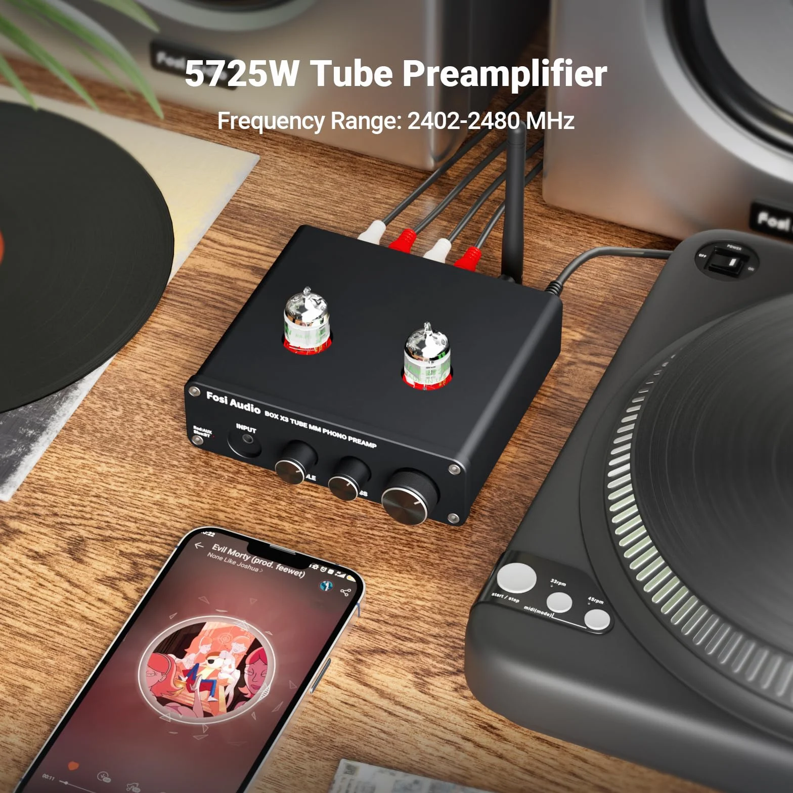 Fosi Audio BOX X3 5725W Lampowy Przedwzmacniacz Gramofonowy Przedwzmacniacz Gramofonowy do Gramofonu MM Bluetooth 5.0 Mini Stereo Hi-Fi Przedwzmacniacz do Domowego Odtwarzacza Audio Nagłośnienie