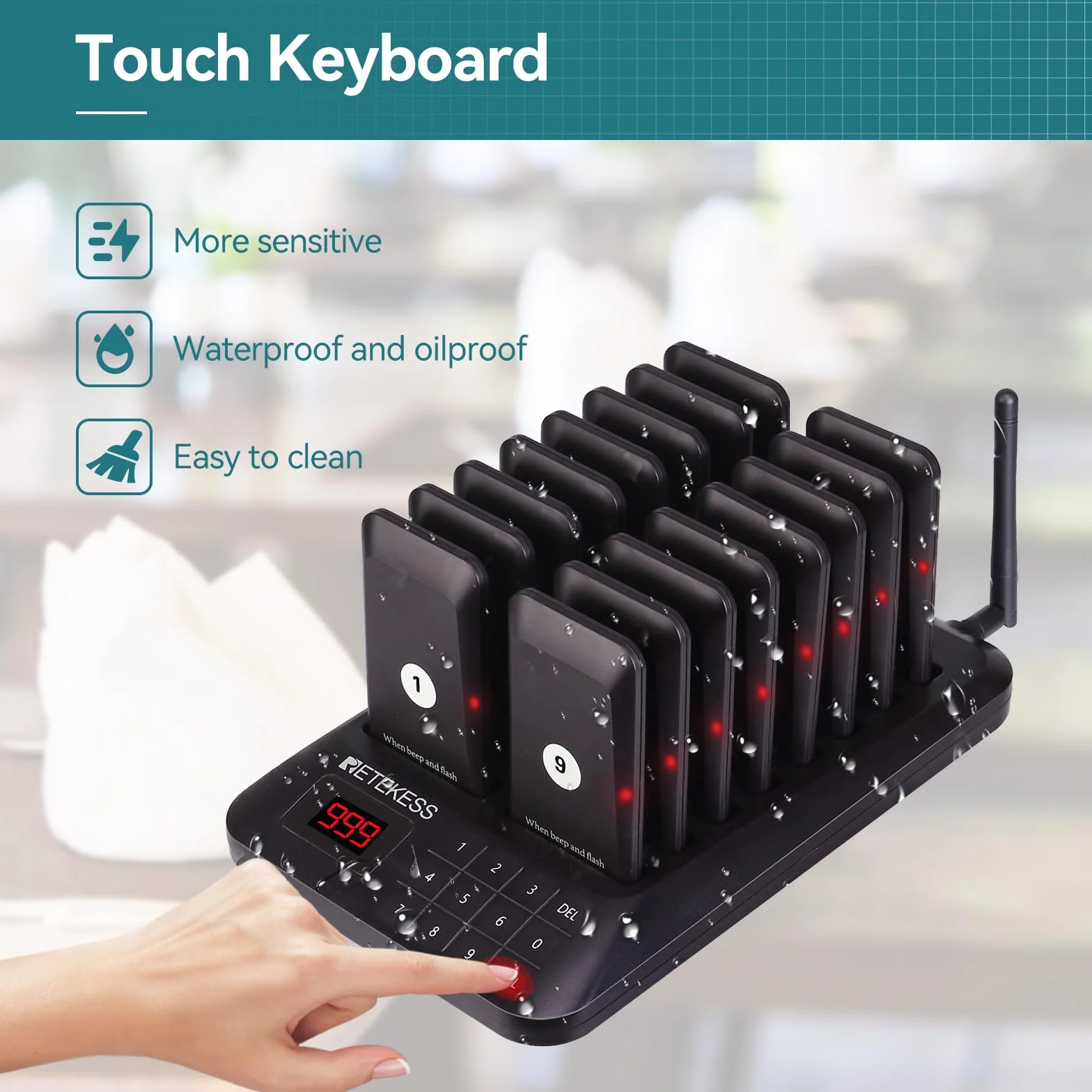 Retekess TD157 System Pagera Restauracji, 500M Bezprzewodowy System Przywoławczy, 16 Pagerów, 300 mAh 24H, z Wibracjami, Łatwy w Obsłudze, Restaurant Pager Gastronomiczny Dla Bar Szpital