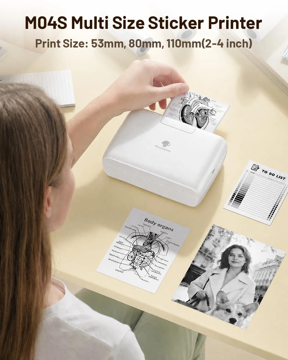 Phomemo Mini drukarka 300 DPI do smartfona, M04S, 110 mm, przenośna, termiczna, kompatybilna z iOS i Android, do samodzielnego tworzenia, etykiet wysyłkowych, dokumentów, zdjęć, nauki